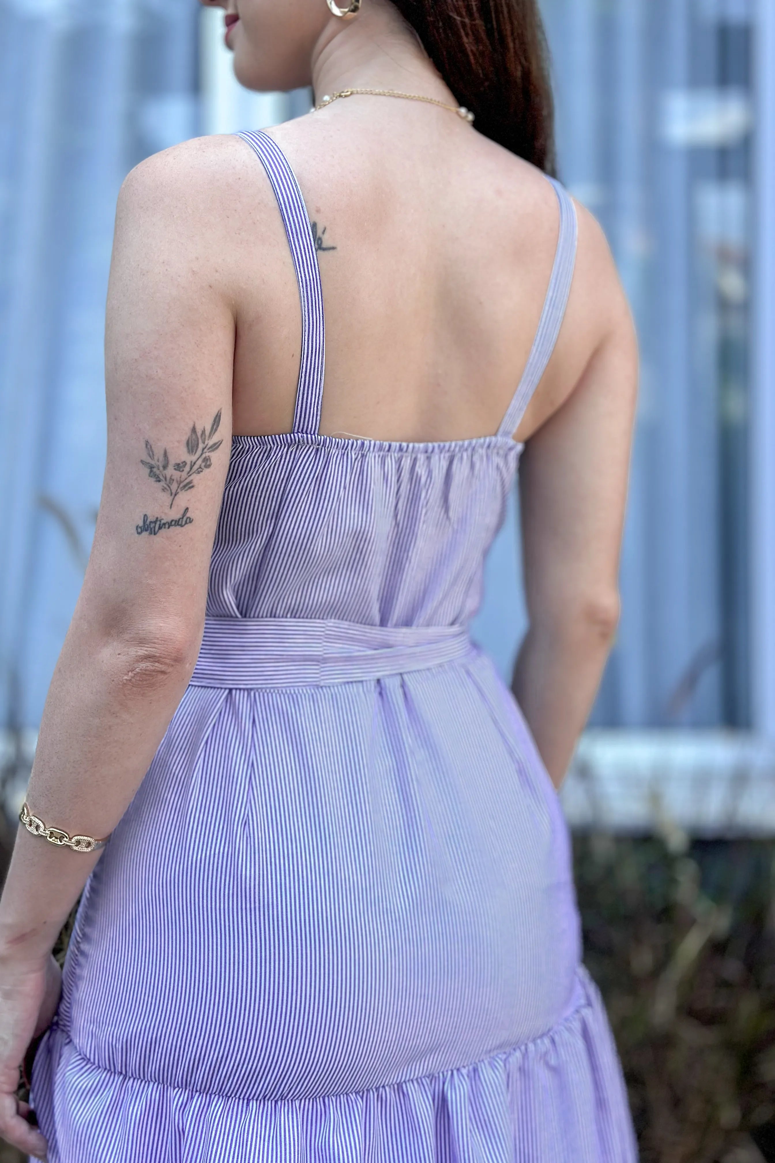 Vestido Longo Listrado Monica Azul Marinho