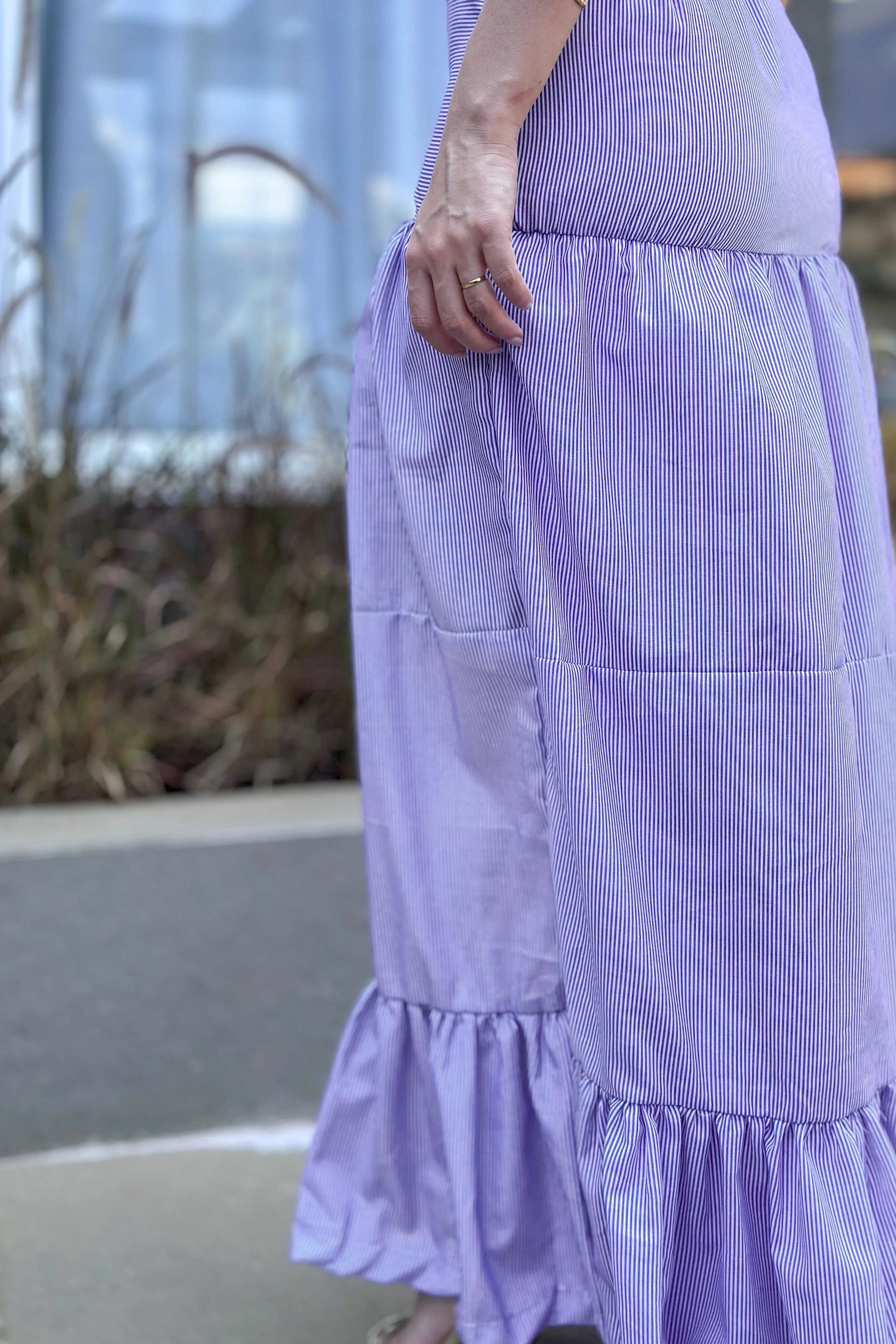 Vestido Longo Listrado Monica Azul Marinho