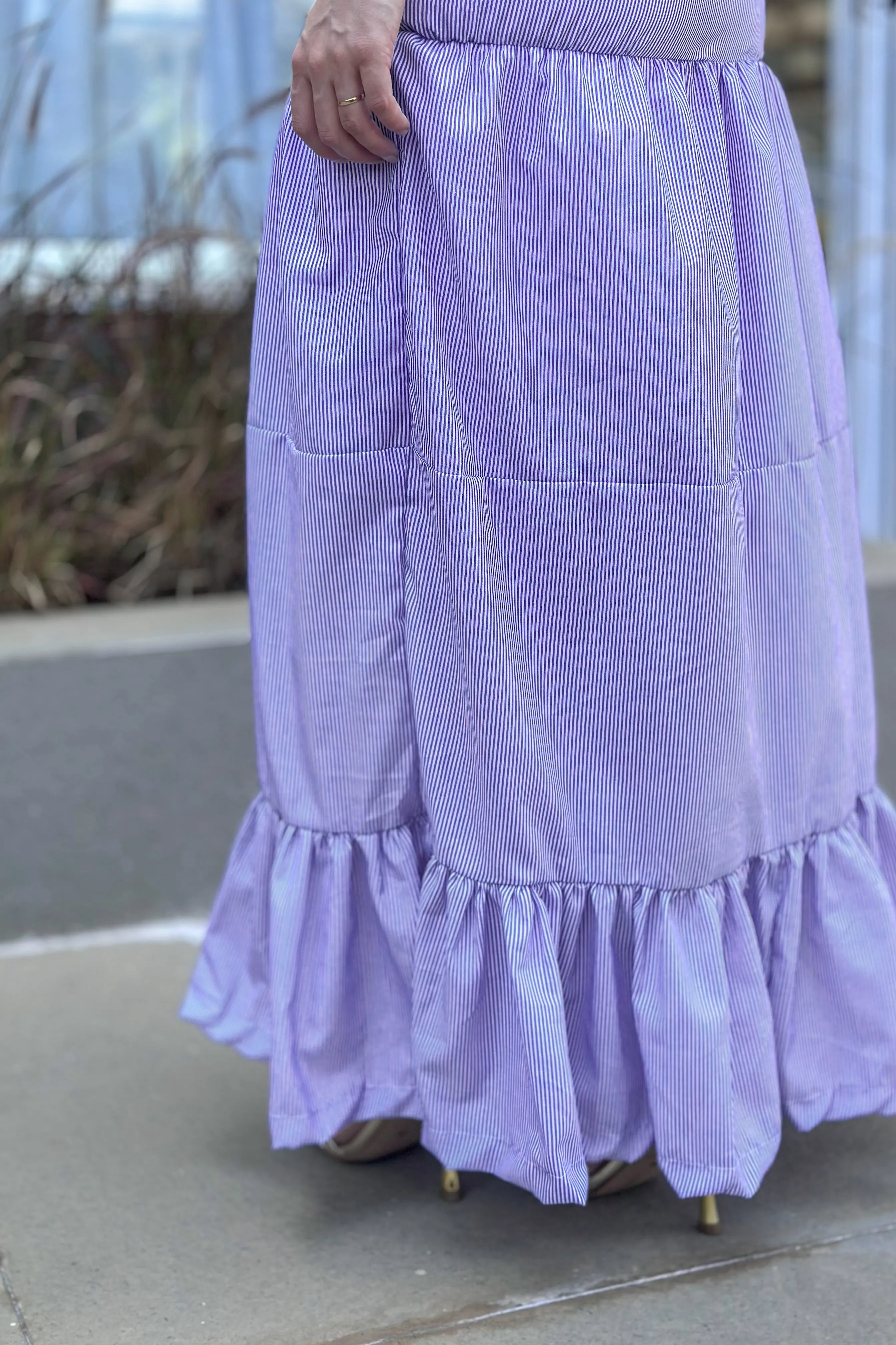 Vestido Longo Listrado Monica Azul Marinho