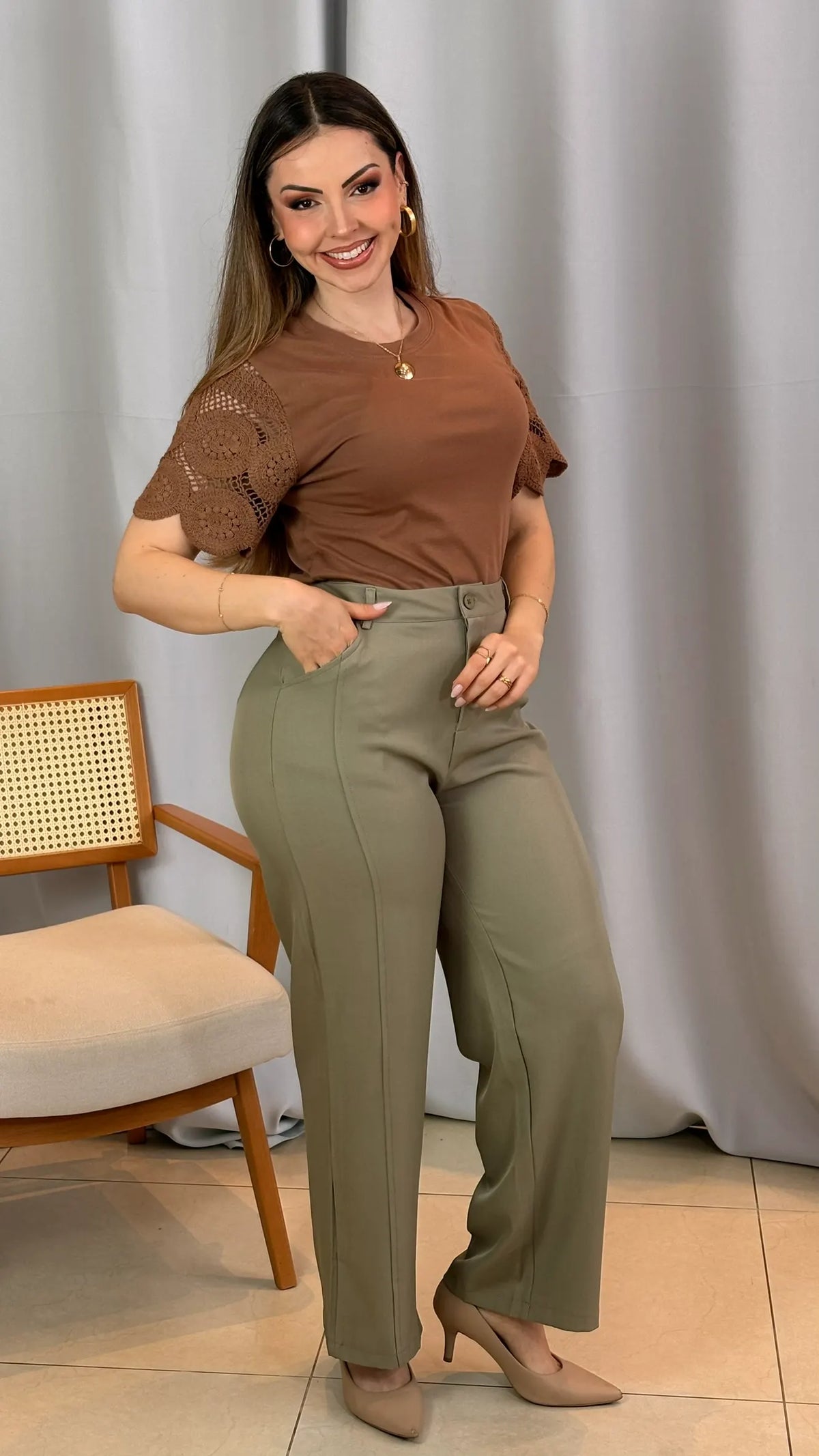 Conjunto: Blusa Geisa Marrom + Calça Joyce Verde