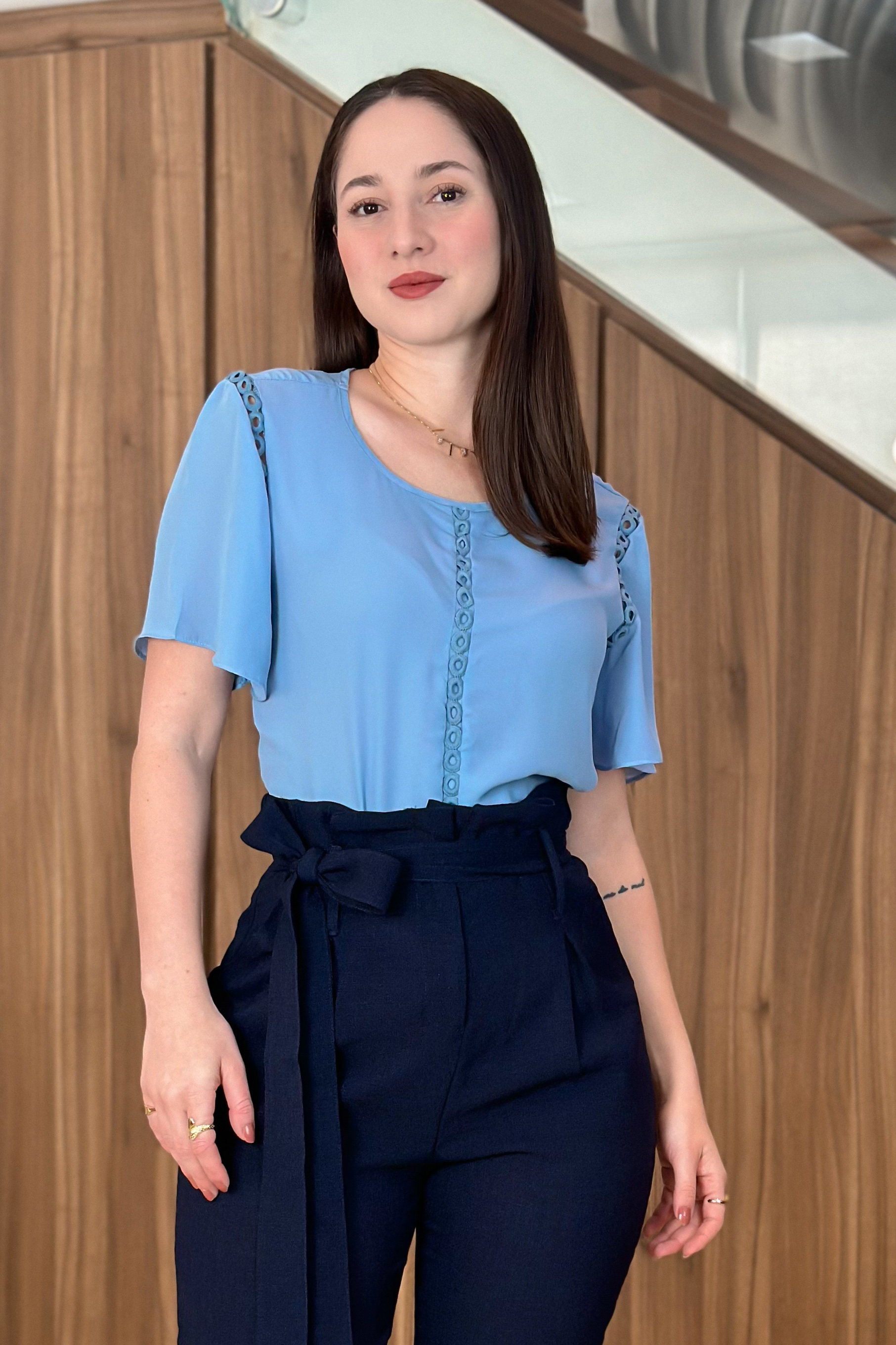 Blusa Manga Detalhe Bordado Patrícia Azul Celeste