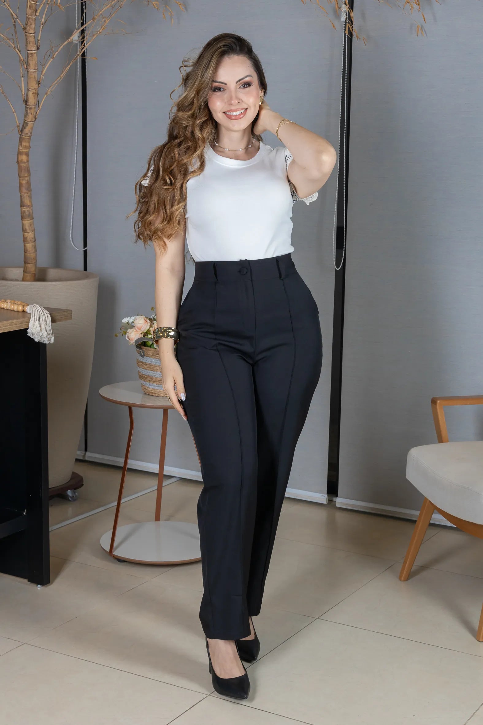 Blusa Manga Curta em Cotton Lycra com Detalhe Rendado Elise Branca