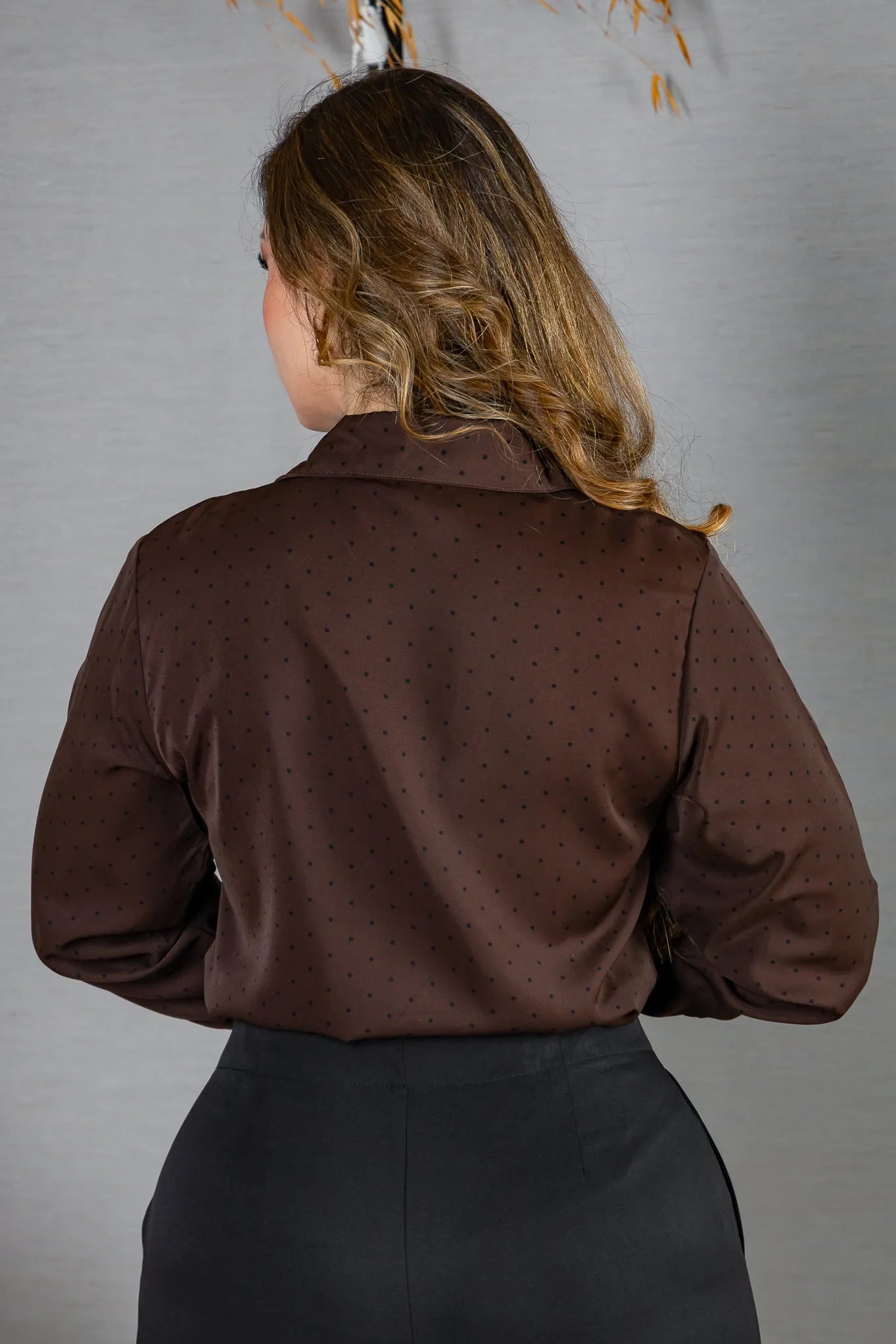 Camisa Manga Longa Crepe Classic Fecho em Botões com Padrão em Poá Annabel Marrom Café