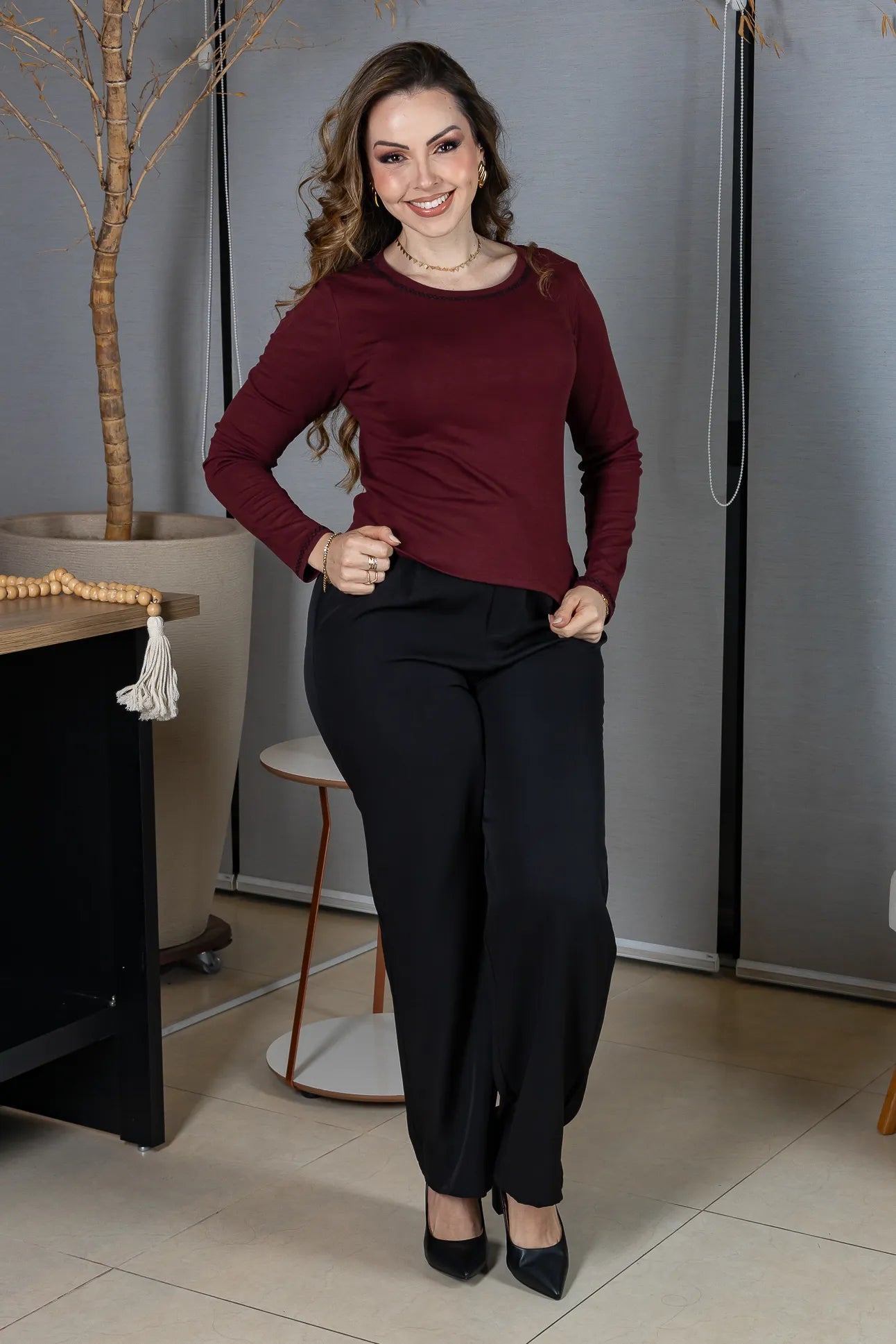 Blusa Manga Longa em Viscolycra com Ponto Contrastante Lina Marsala