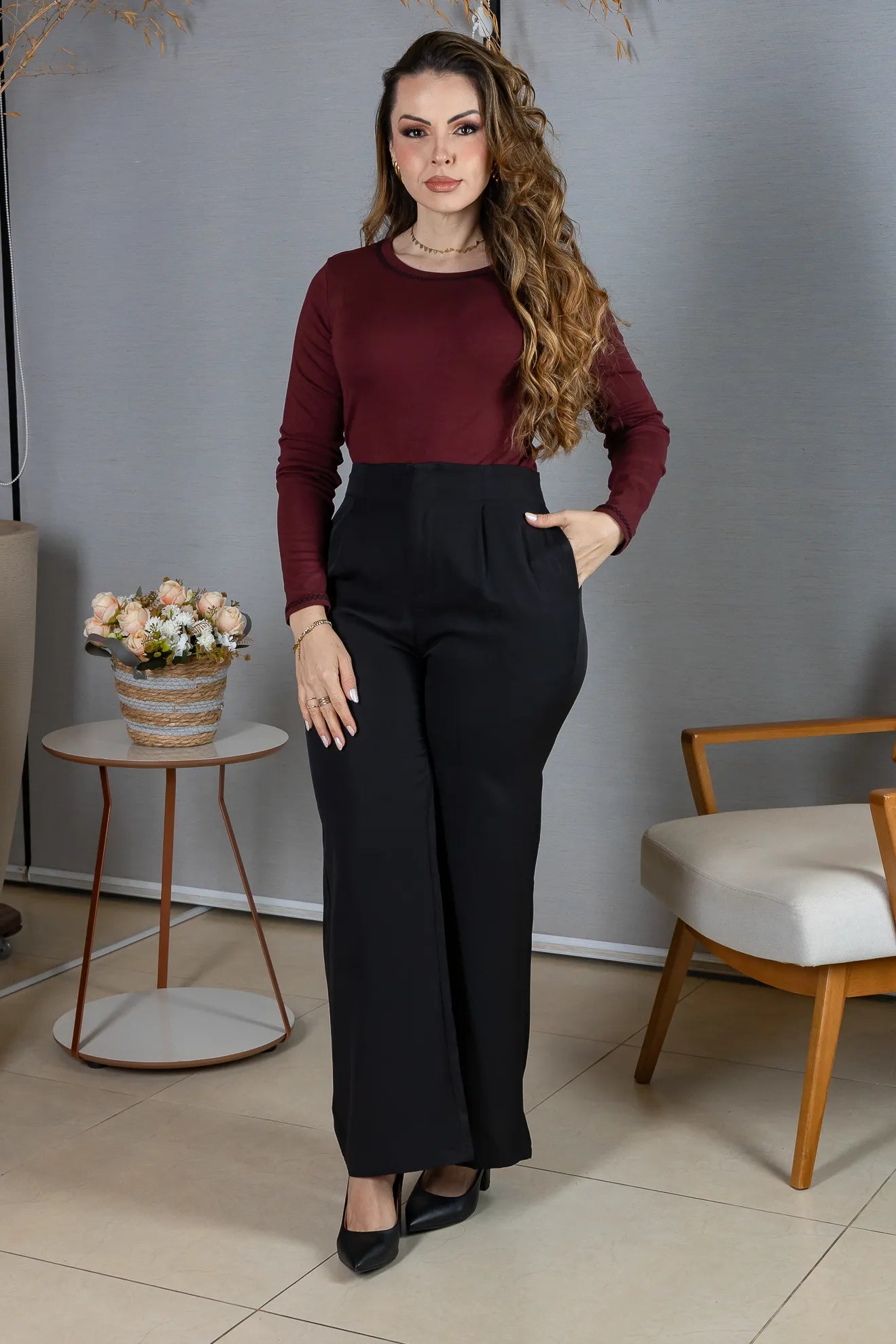 Blusa Manga Longa em Viscolycra com Ponto Contrastante Lina Marsala