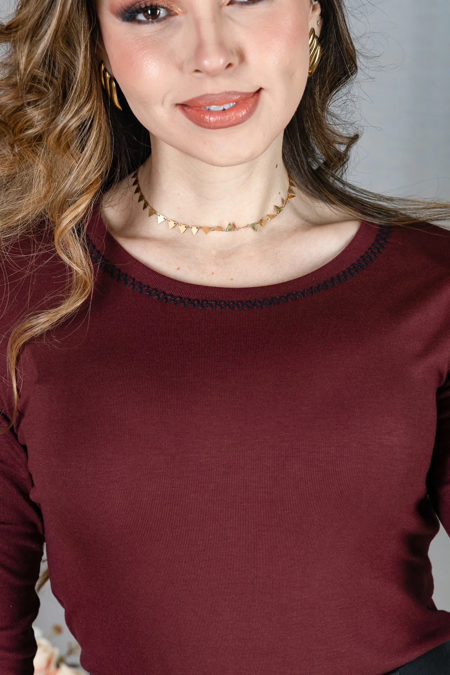 Blusa Manga Longa em Viscolycra com Ponto Contrastante Lina Marsala