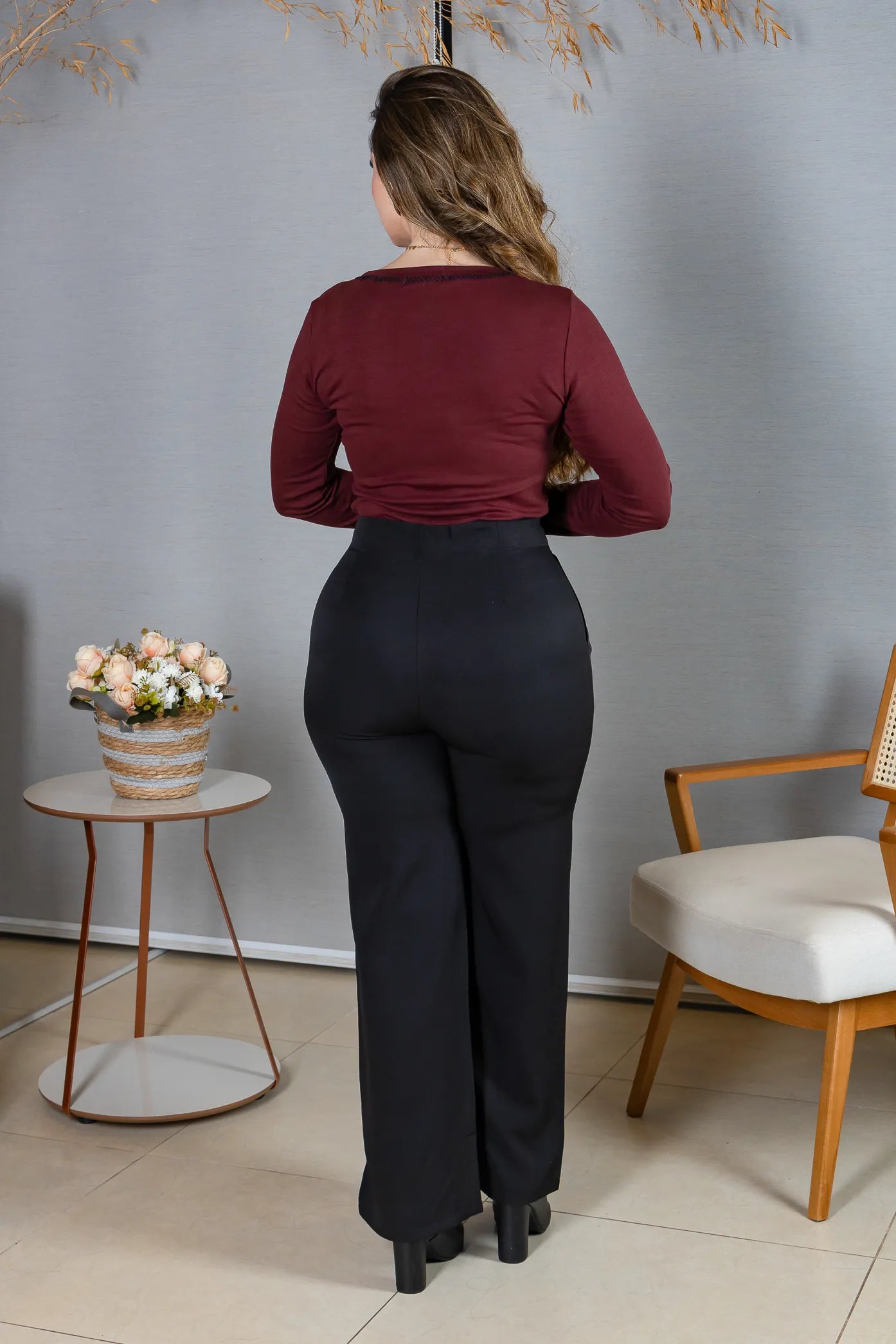 Blusa Manga Longa em Viscolycra com Ponto Contrastante Lina Marsala