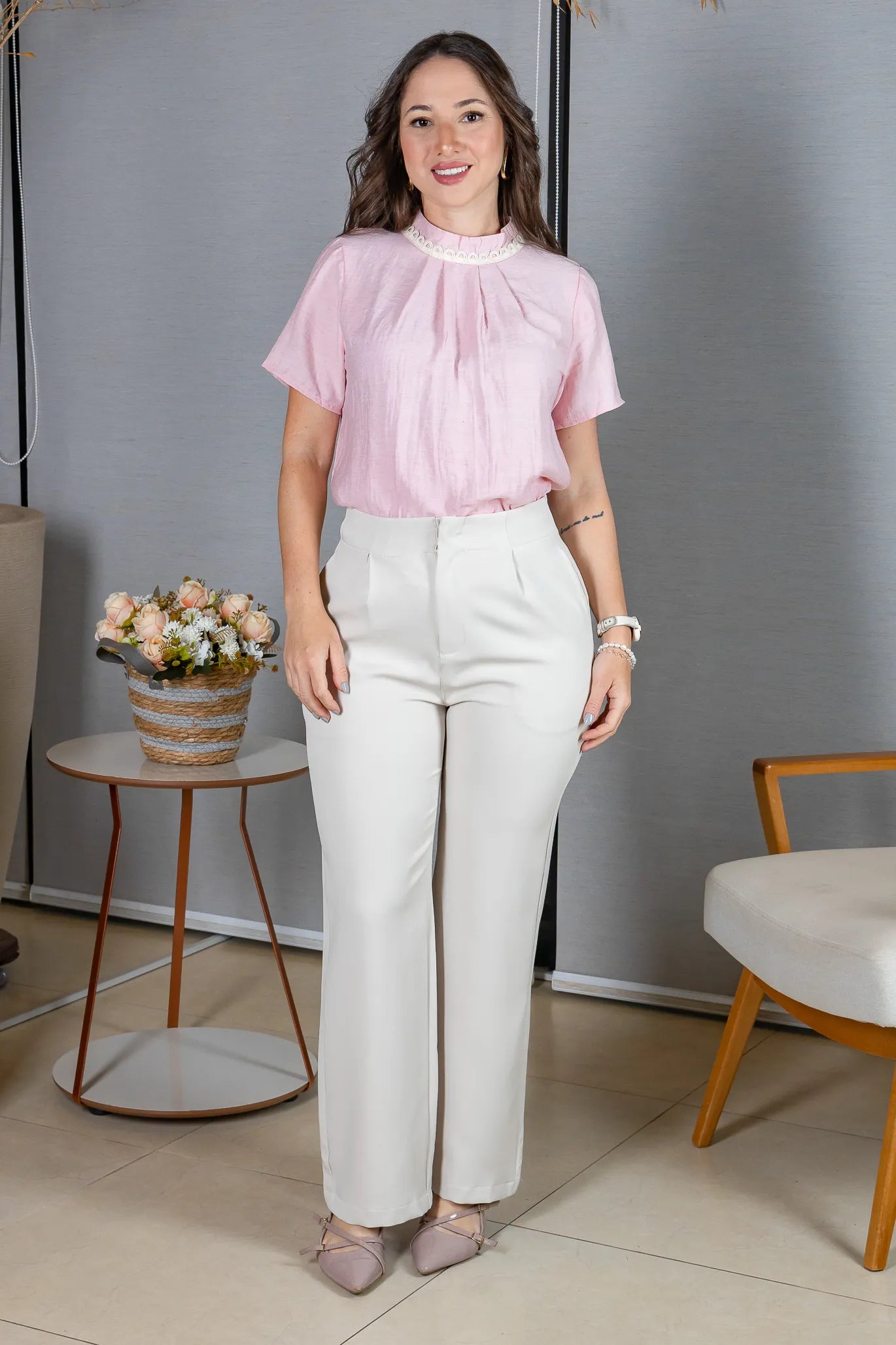 Blusa Manga Curta Visco Eco Blend com Gola Bordada Dandara Rosa