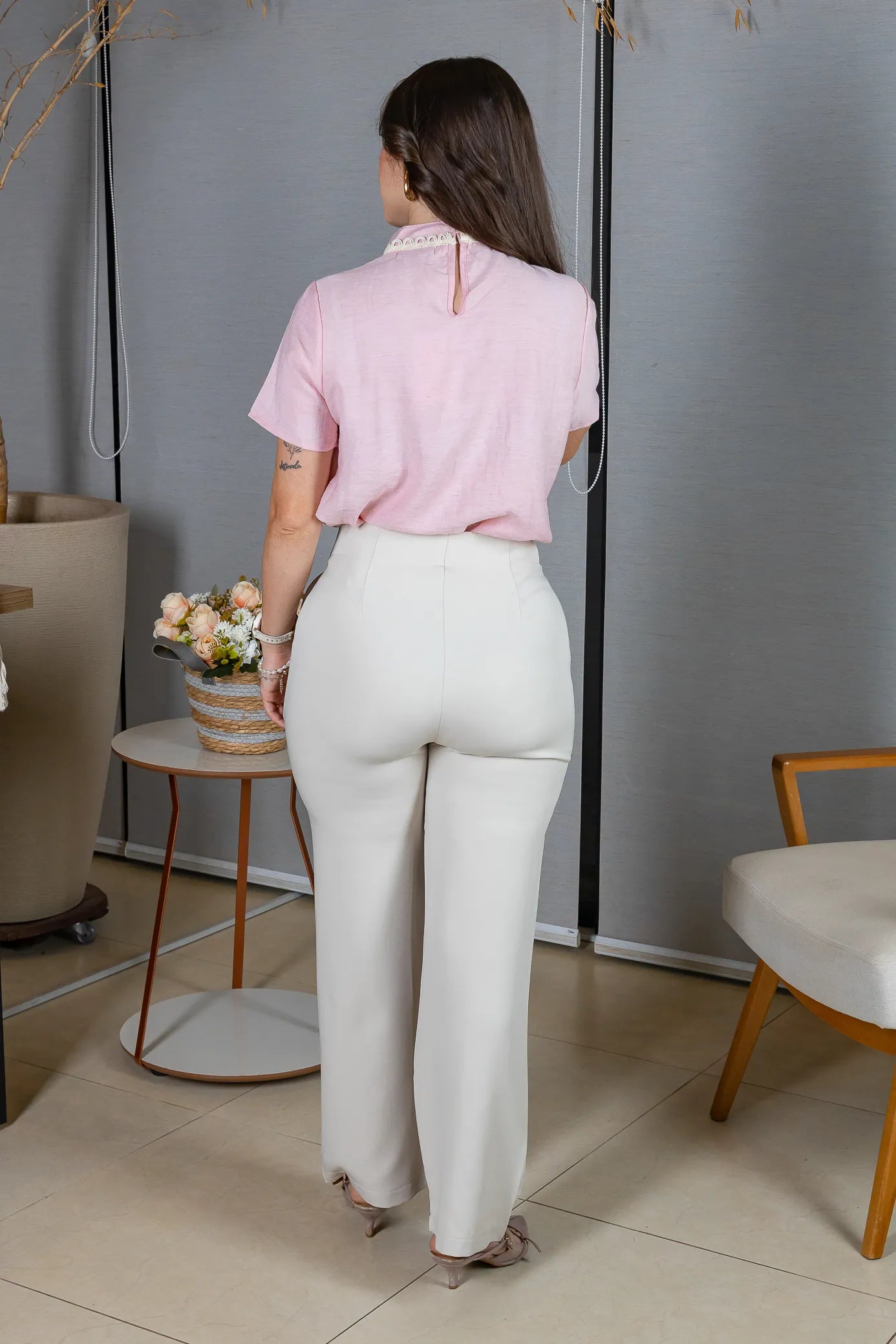Blusa Manga Curta Visco Eco Blend com Gola Bordada Dandara Rosa