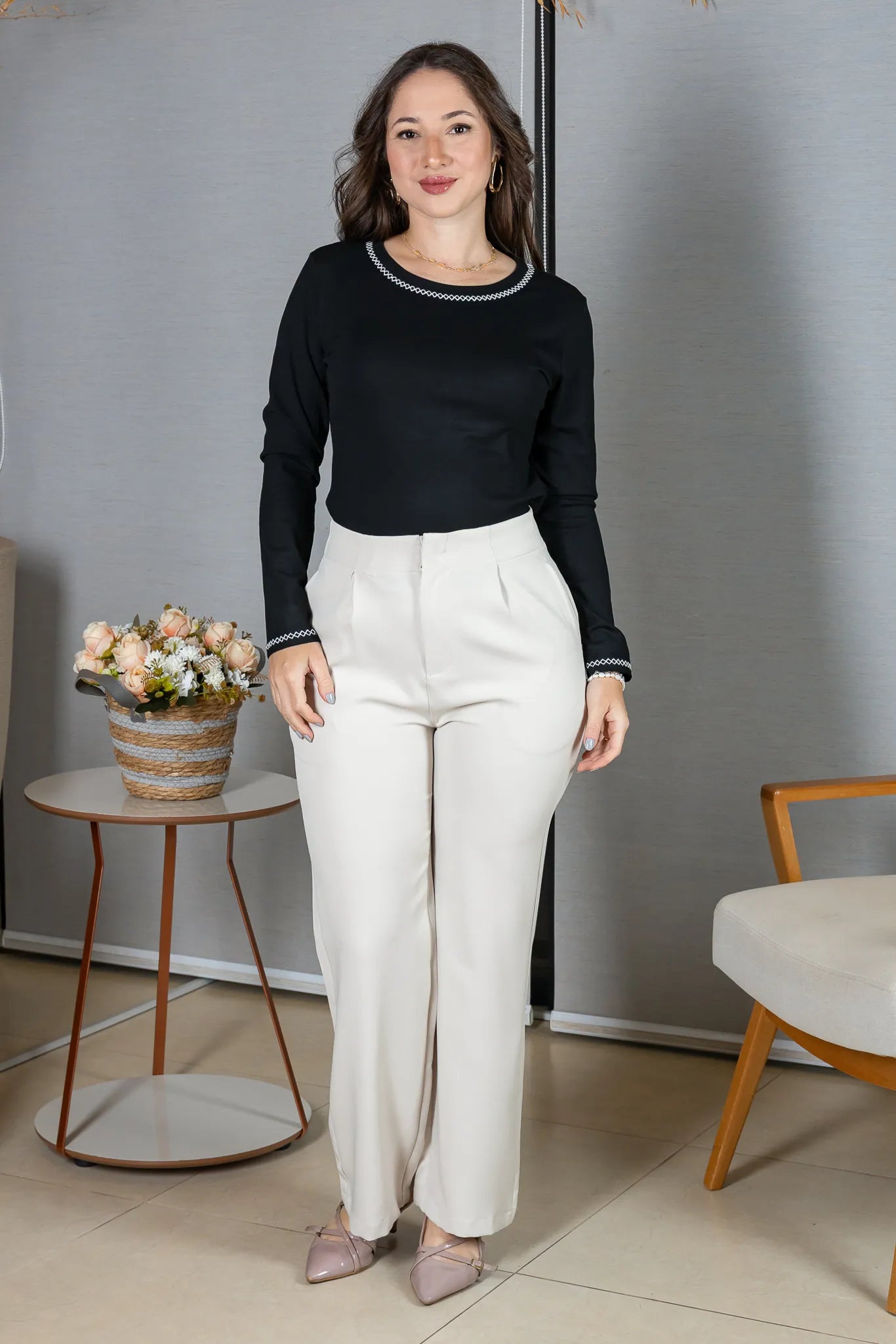 Blusa Manga Longa em Viscolycra com Ponto Contrastante Lina Preta