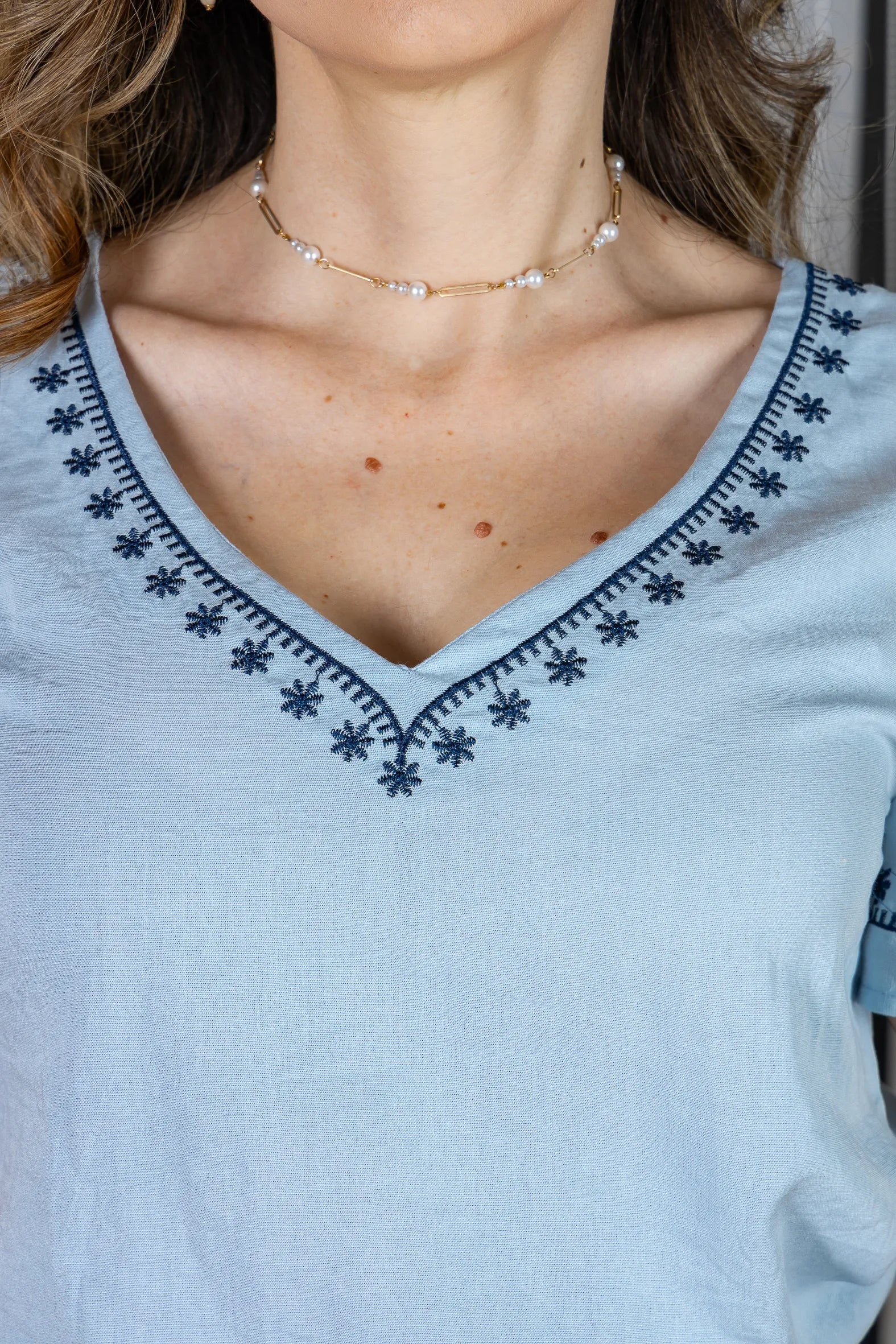 Blusa Manga Curta Decote em "V" Bordado em Visco Rustic Mara Azul