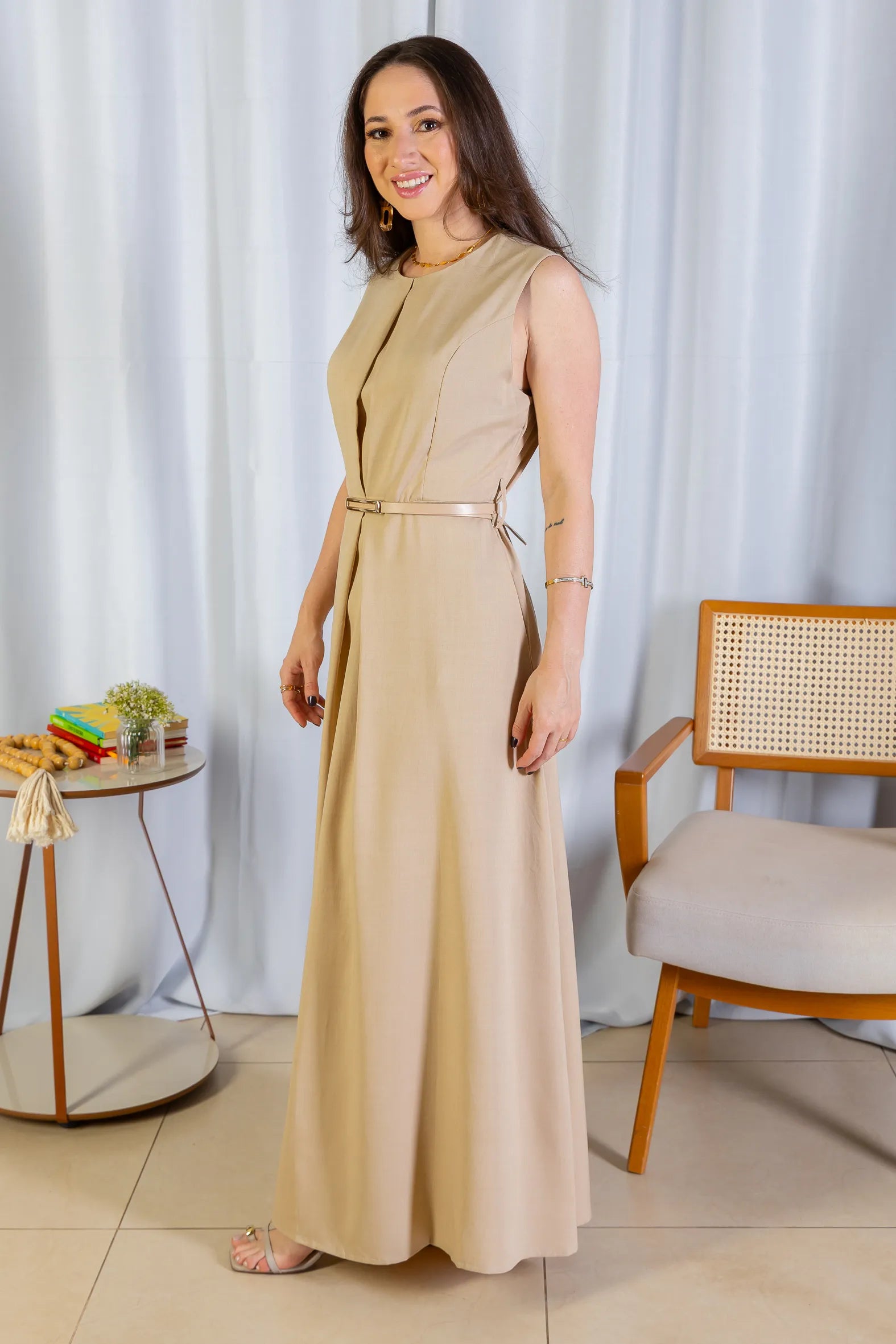 Vestido Longo Detalhe Cinto Patrícia Poeta Bege