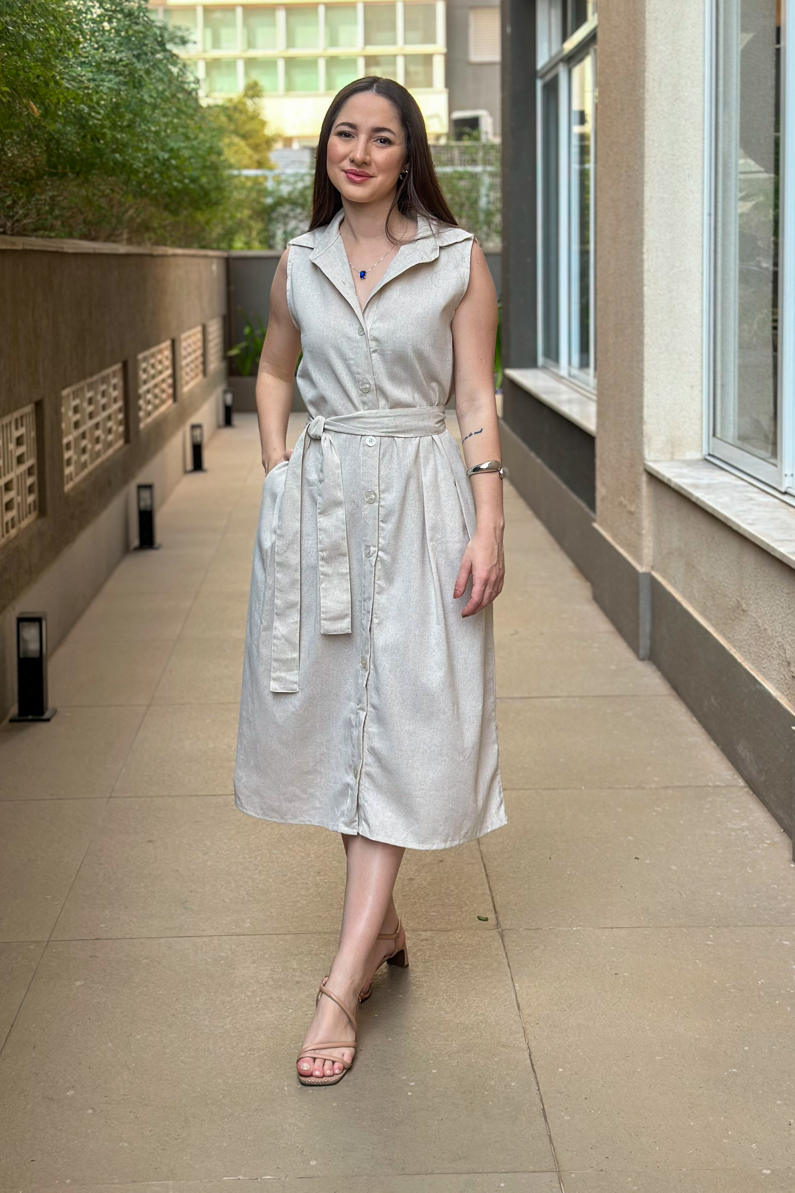 Vestido Midi Regata Detalhe Botões Jasmin Bege