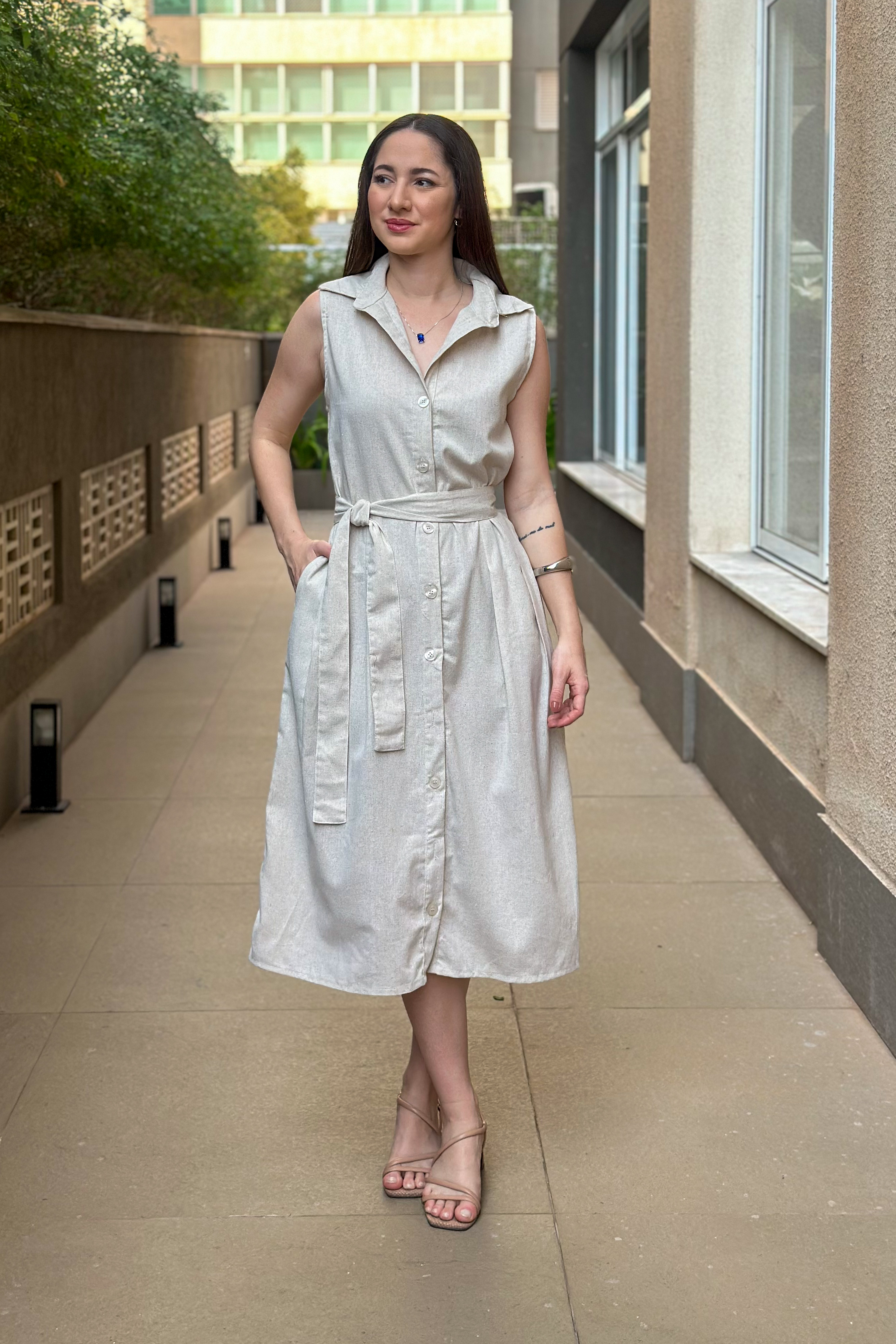 Vestido Midi Regata Detalhe Botões Jasmin Bege