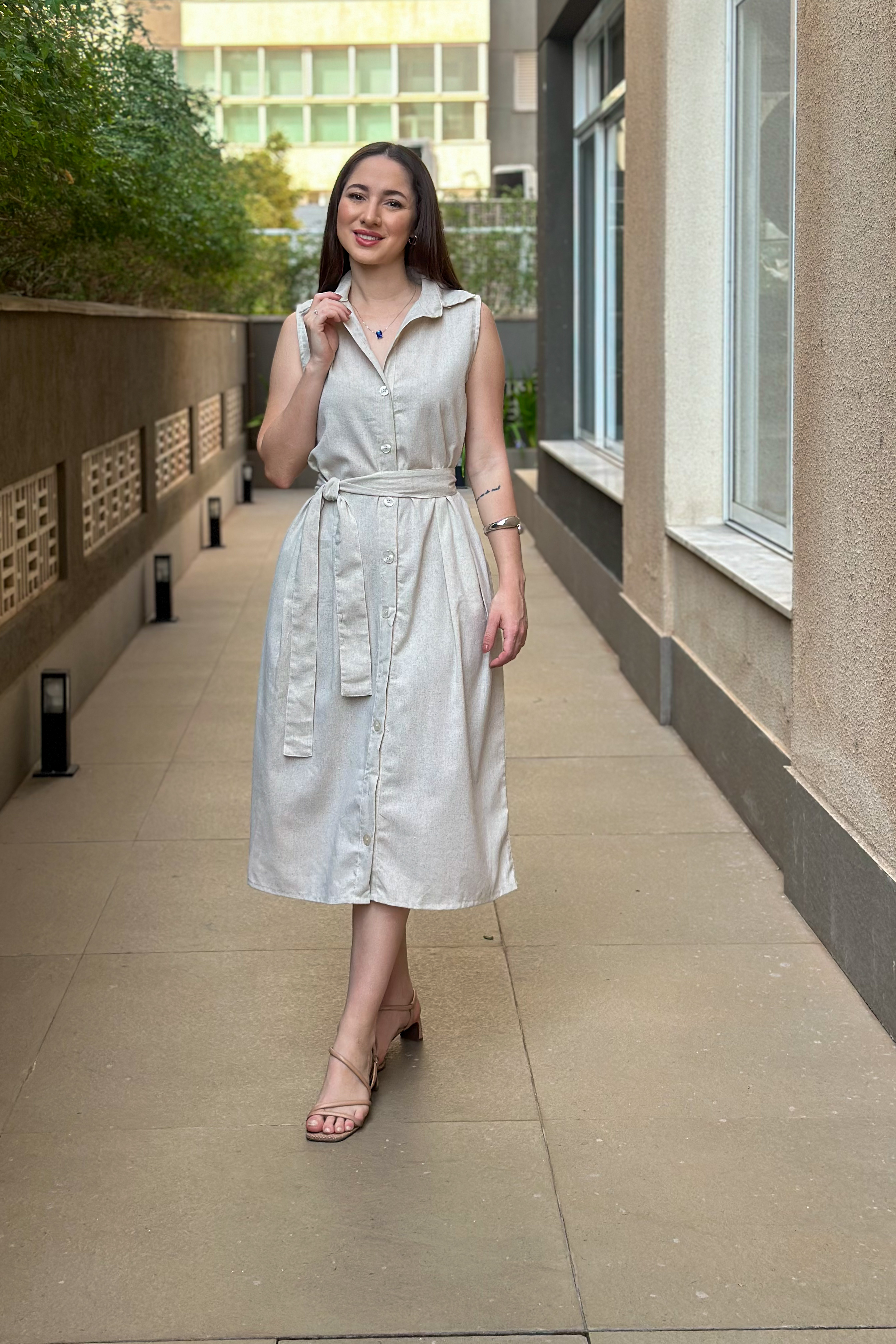 Vestido Midi Regata Detalhe Botões Jasmin Bege