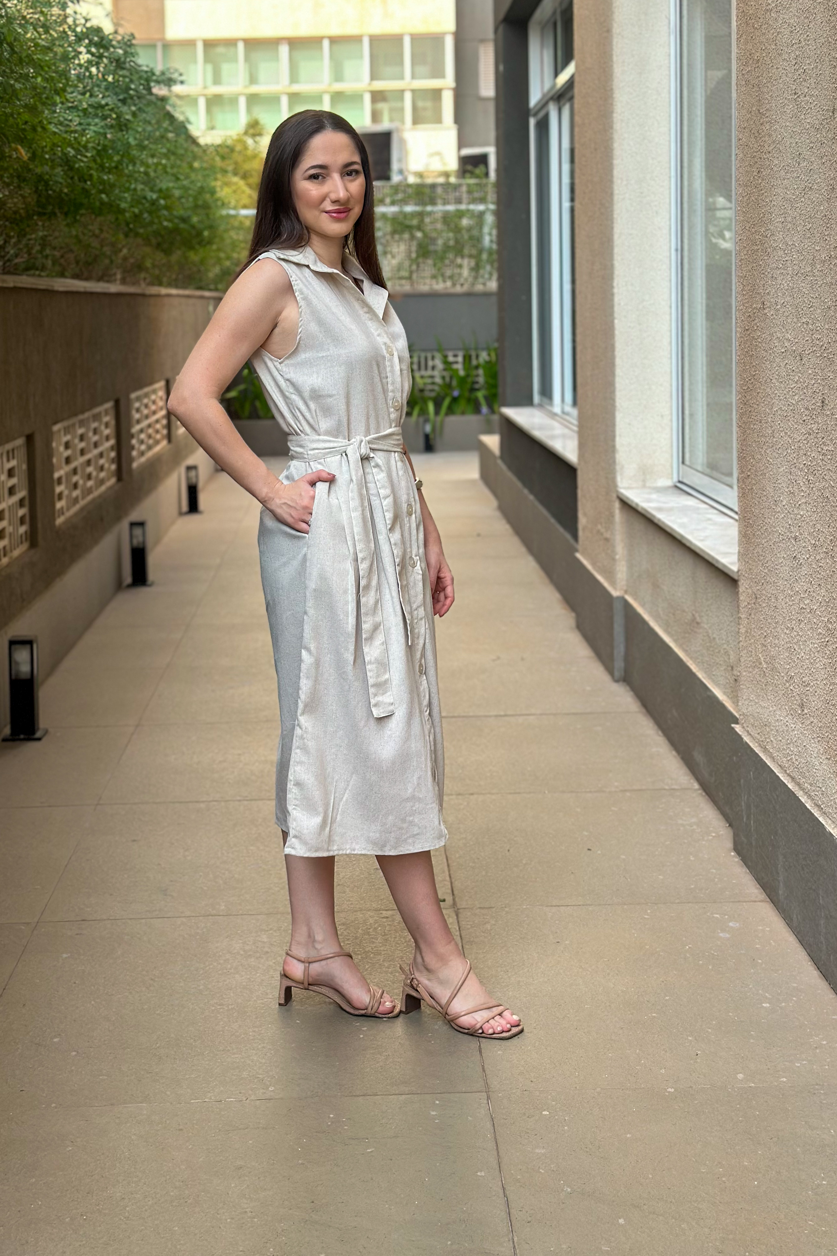 Vestido Midi Regata Detalhe Botões Jasmin Bege