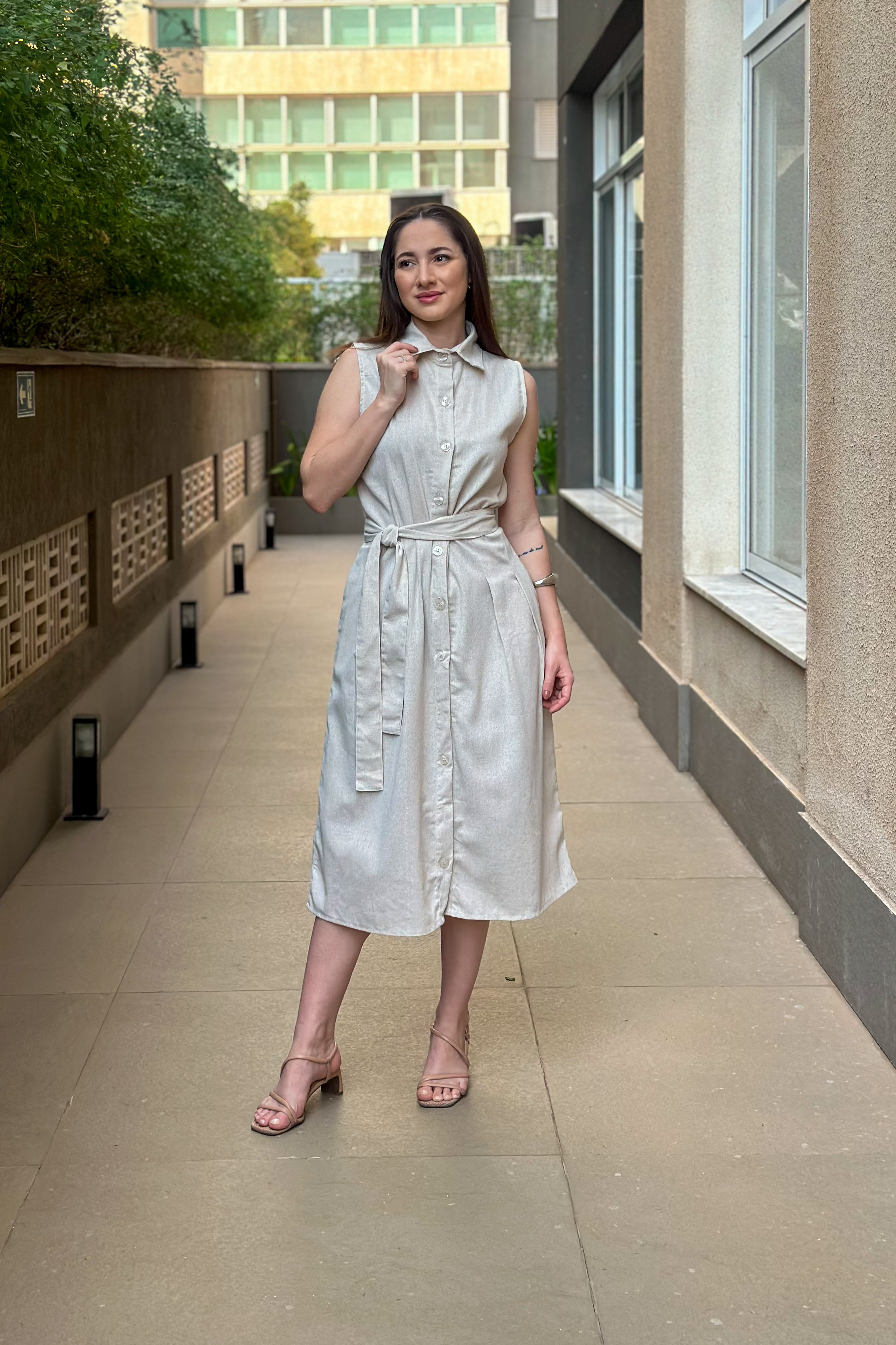 Vestido Midi Regata Detalhe Botões Jasmin Bege