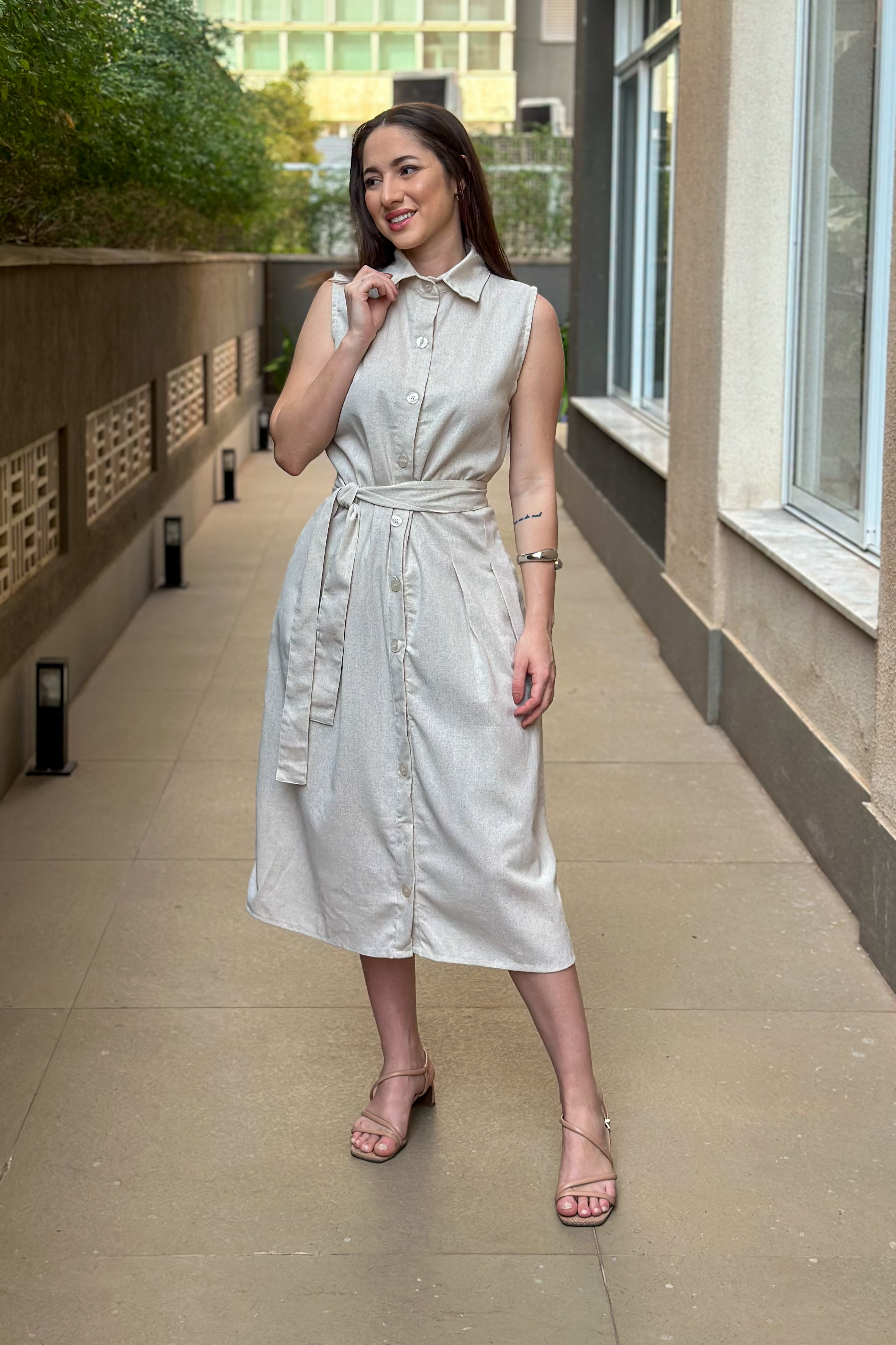 Vestido Midi Regata Detalhe Botões Jasmin Bege