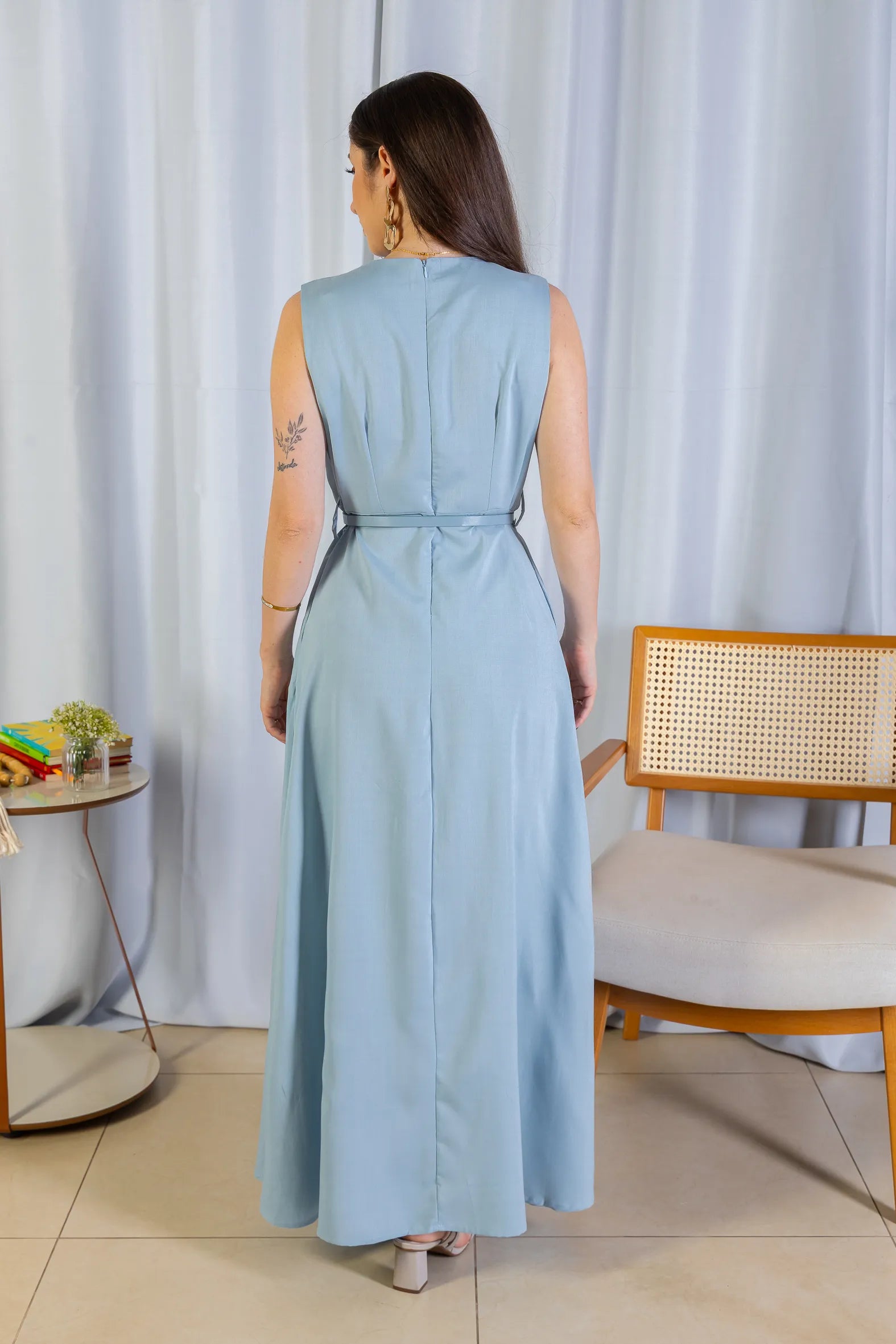 Vestido Longo Detalhe Cinto Patrícia Poeta Azul