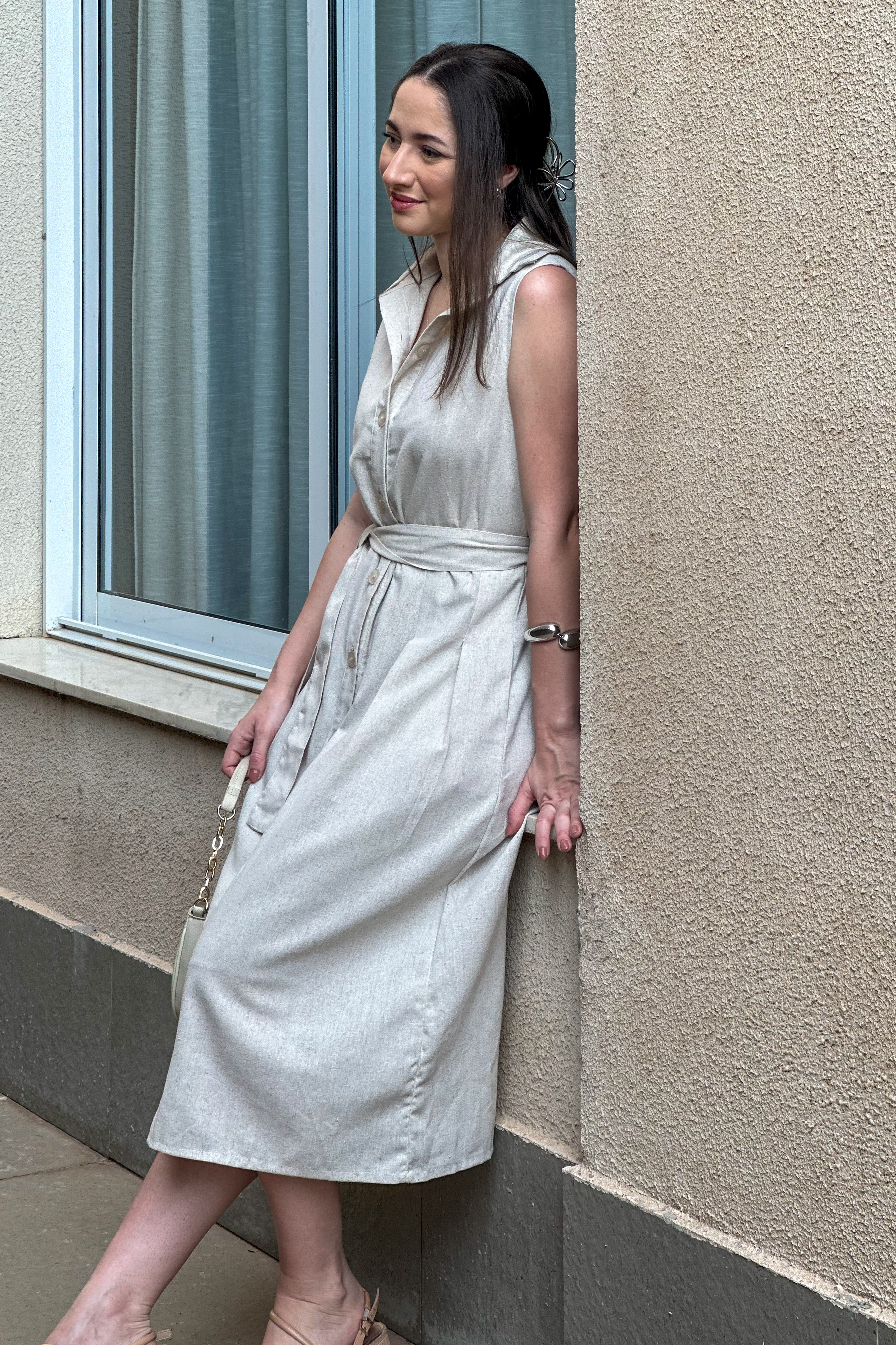 Vestido Midi Regata Detalhe Botões Jasmin Bege