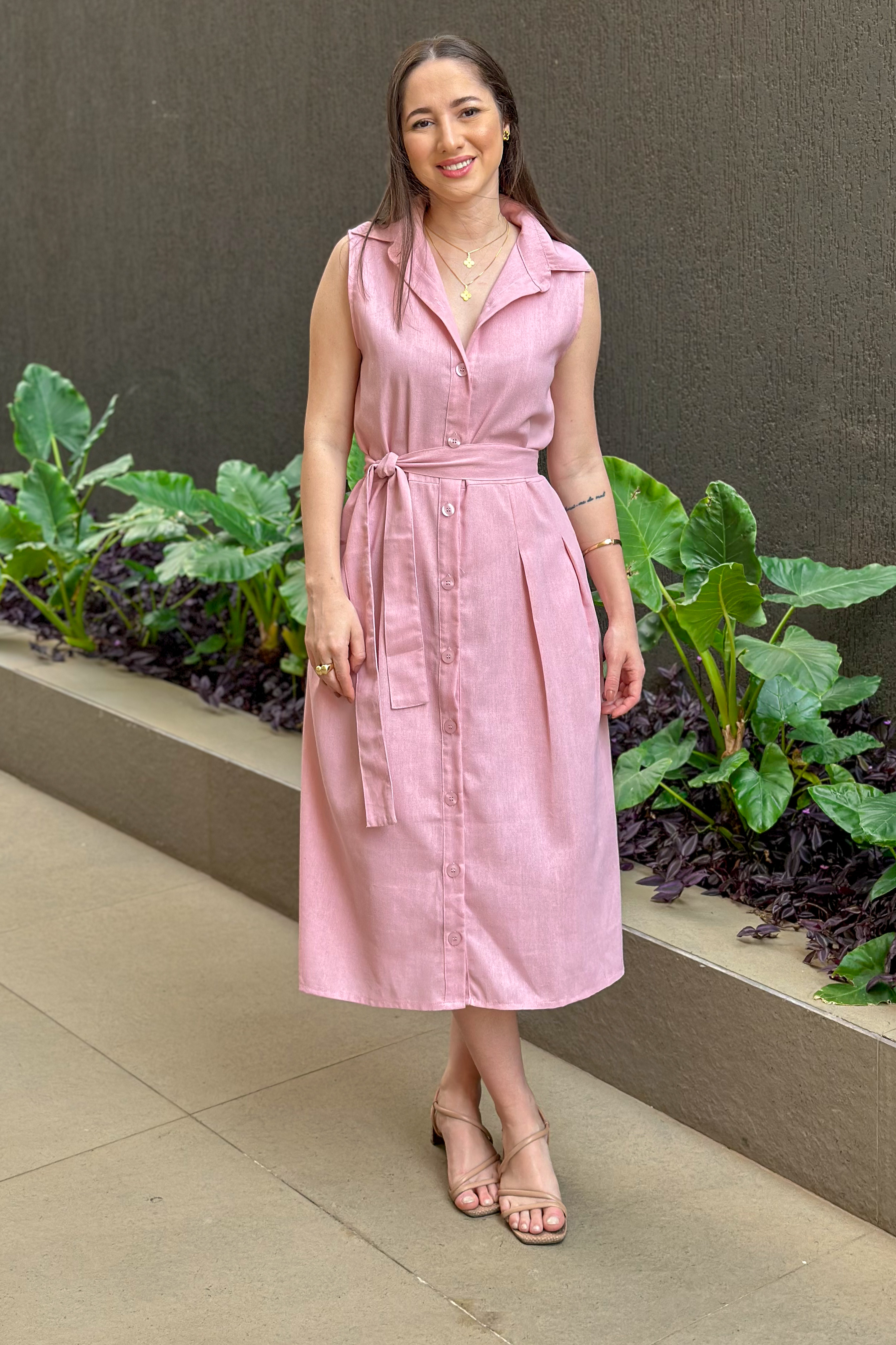 Vestido Midi Regata Detalhe Botões Jasmin Rosa