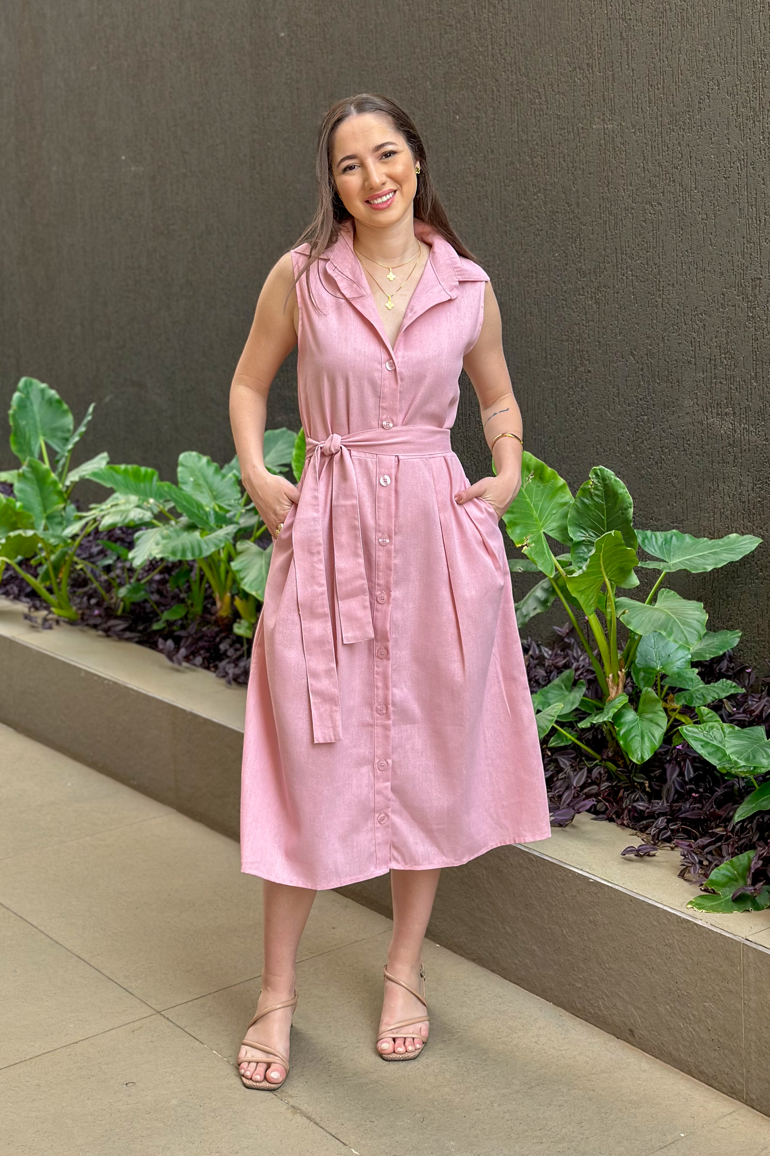 Vestido Midi Regata Detalhe Botões Jasmin Rosa