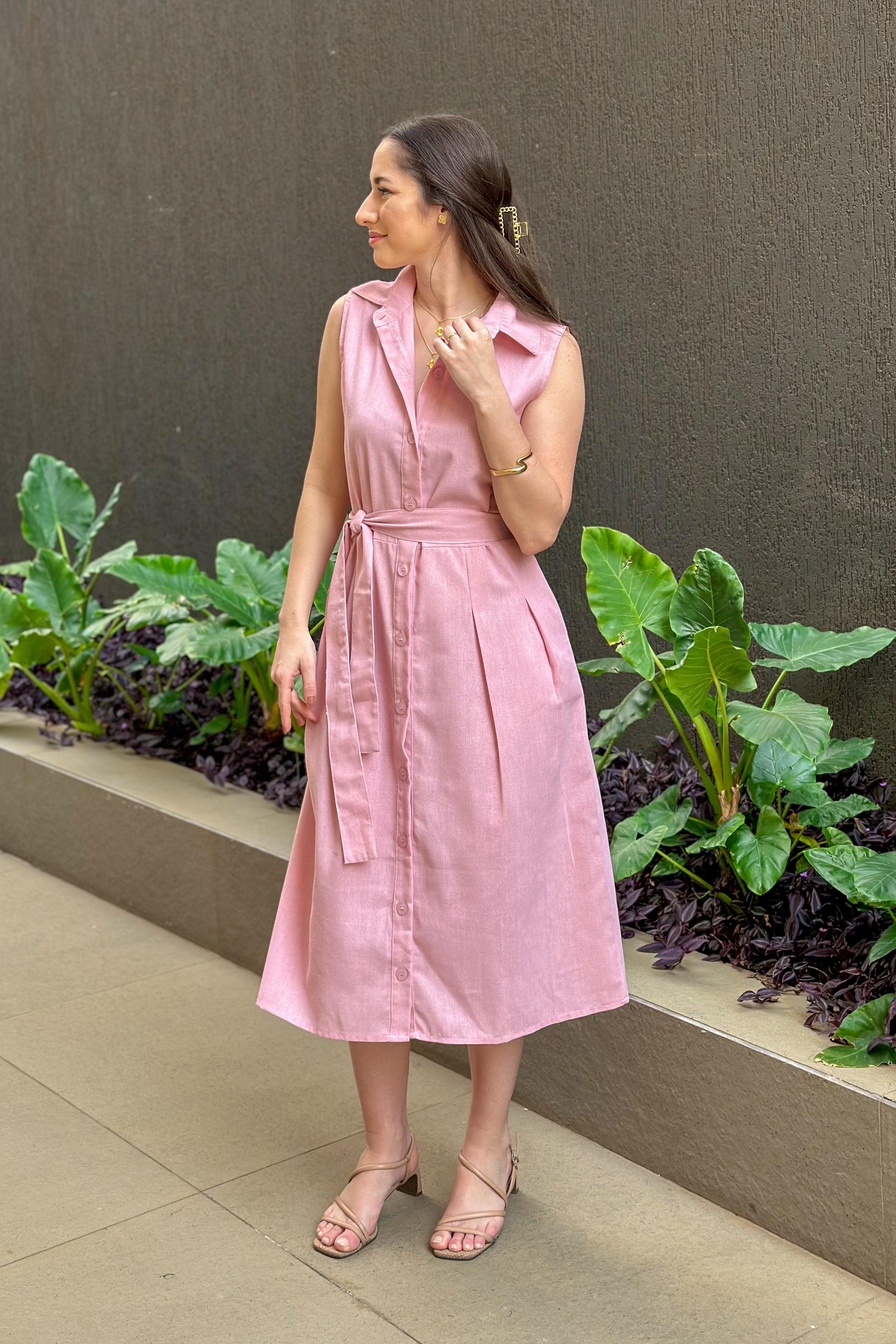 Vestido Midi Regata Detalhe Botões Jasmin Rosa
