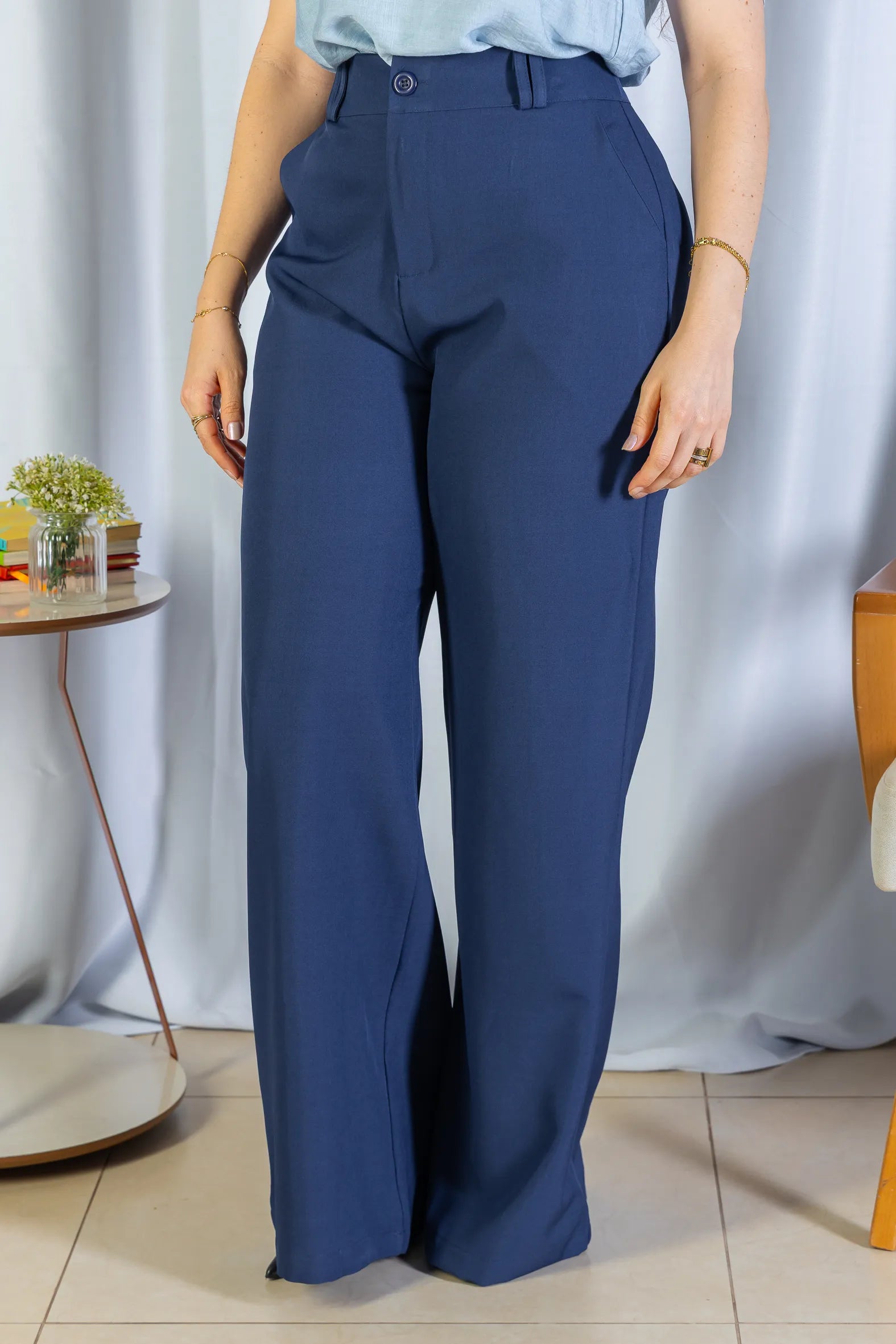 Calça Pantalona Alfaiataria Lux Detalhe Passador Grazi Massafera Azul Marinho