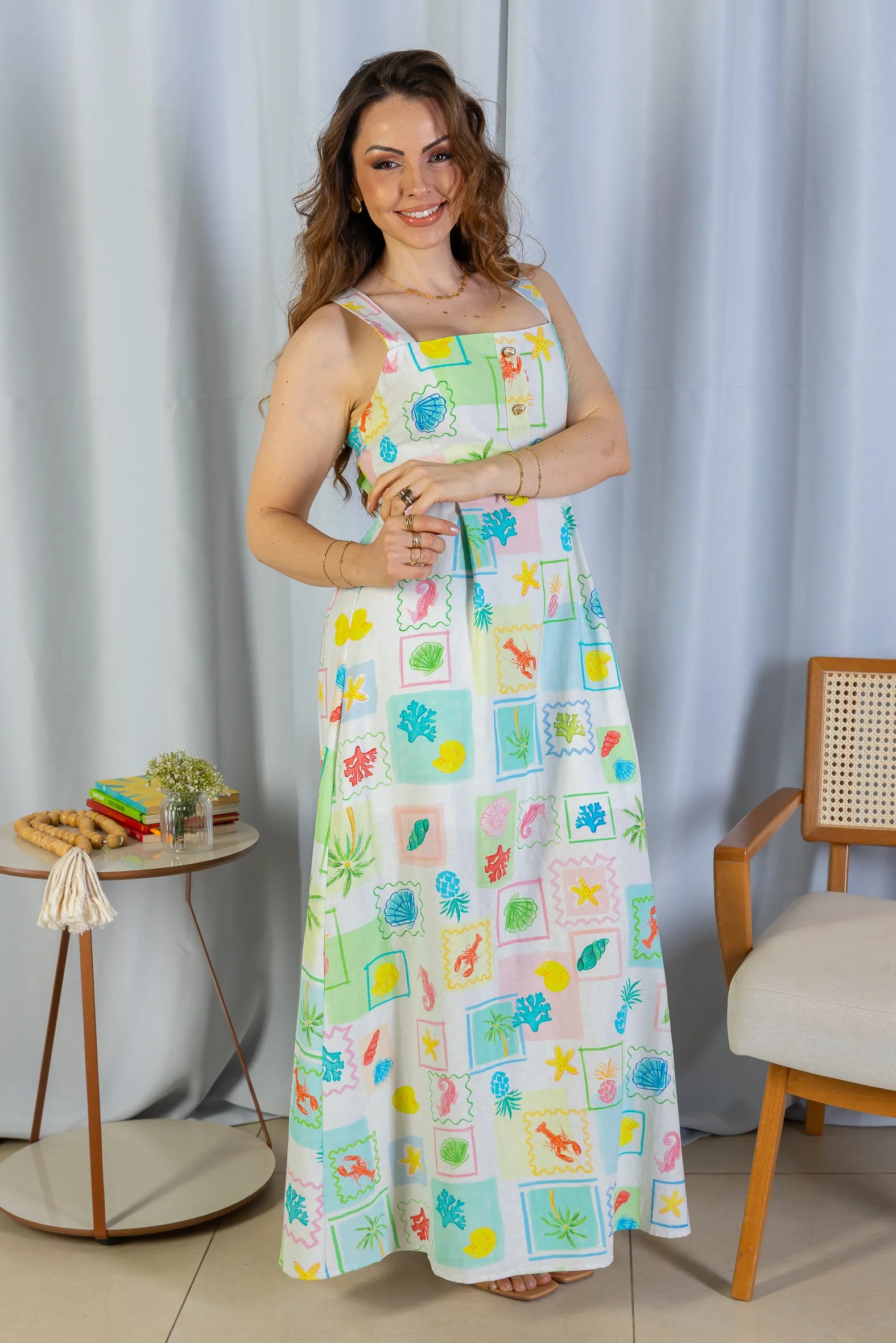 Vestido Longo Amarração Cotton Mix Ísis Valverde Estampado Verde