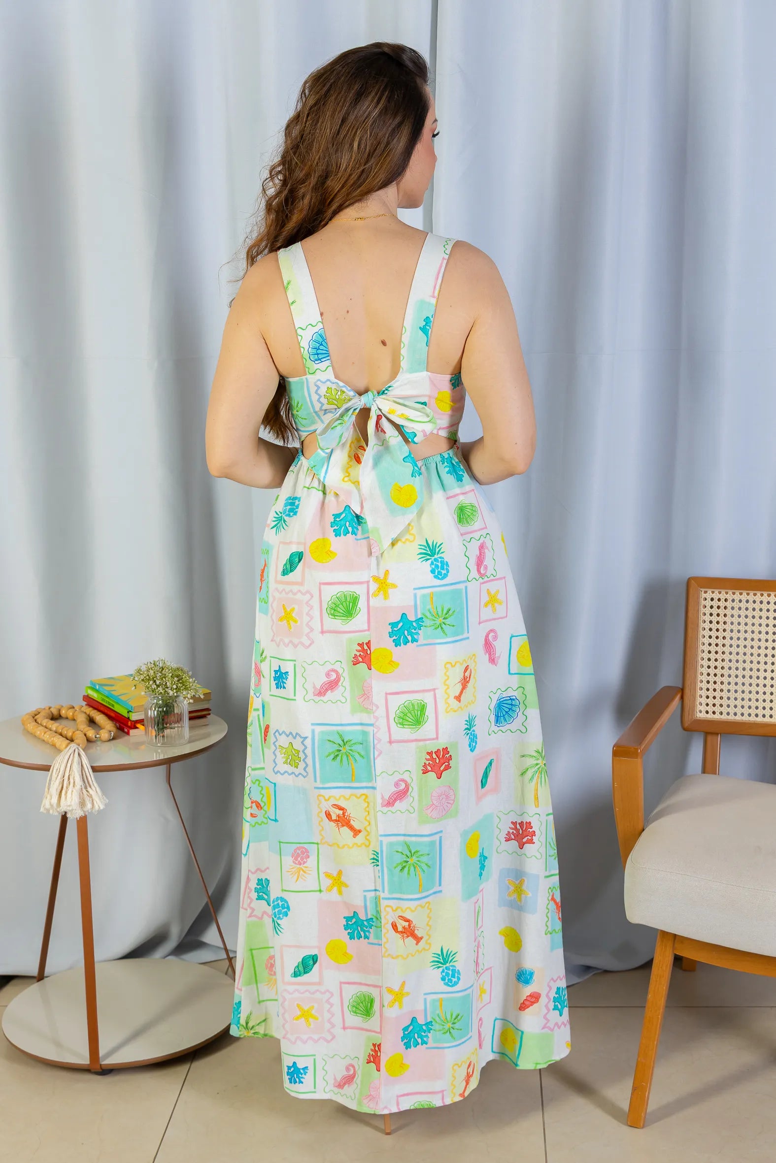 Vestido Longo Amarração Cotton Mix Ísis Valverde Estampado Verde