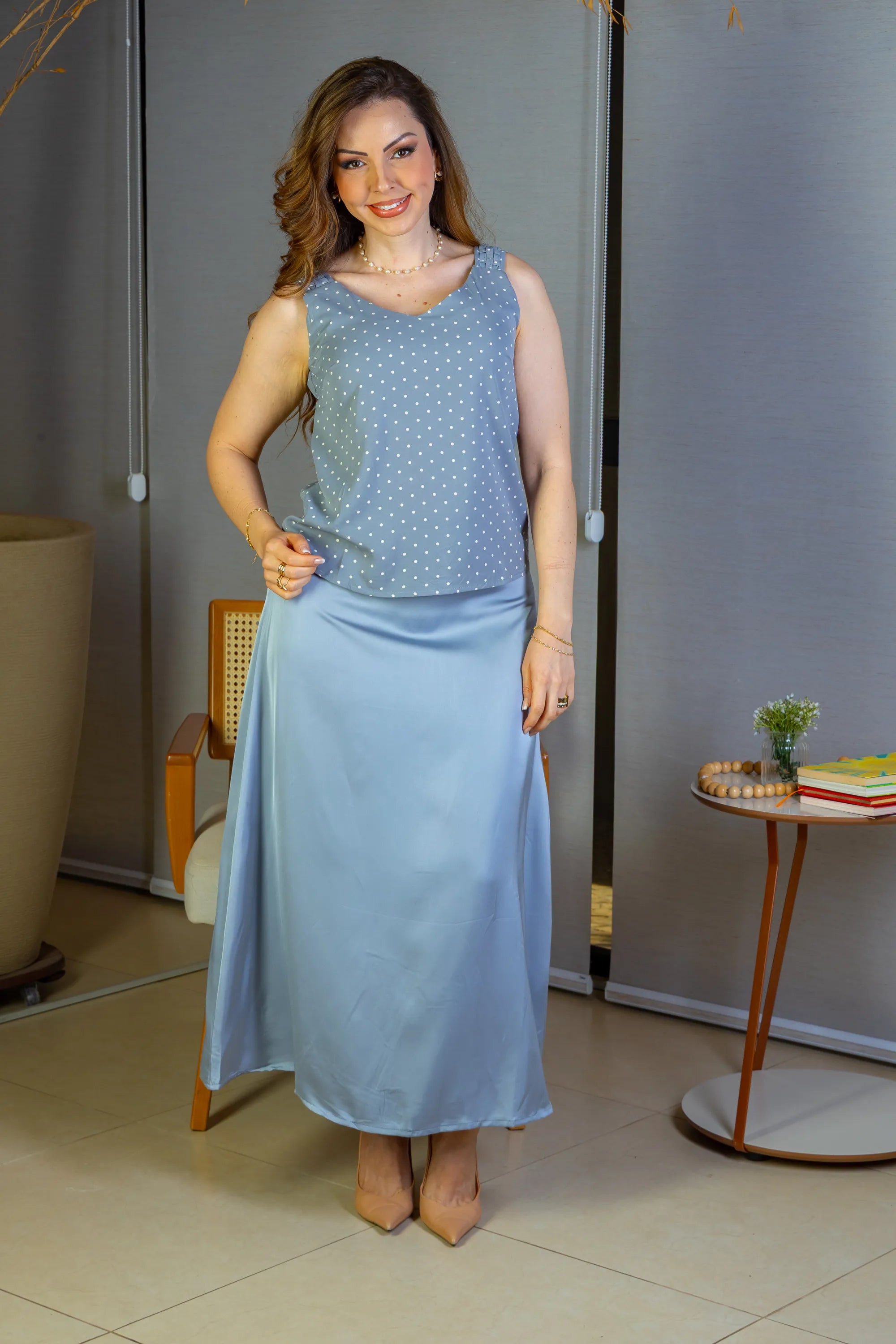 Blusa Regata Detalhe Alça Estampada Poá Crepe Classic Isabel Azul Acinzentado