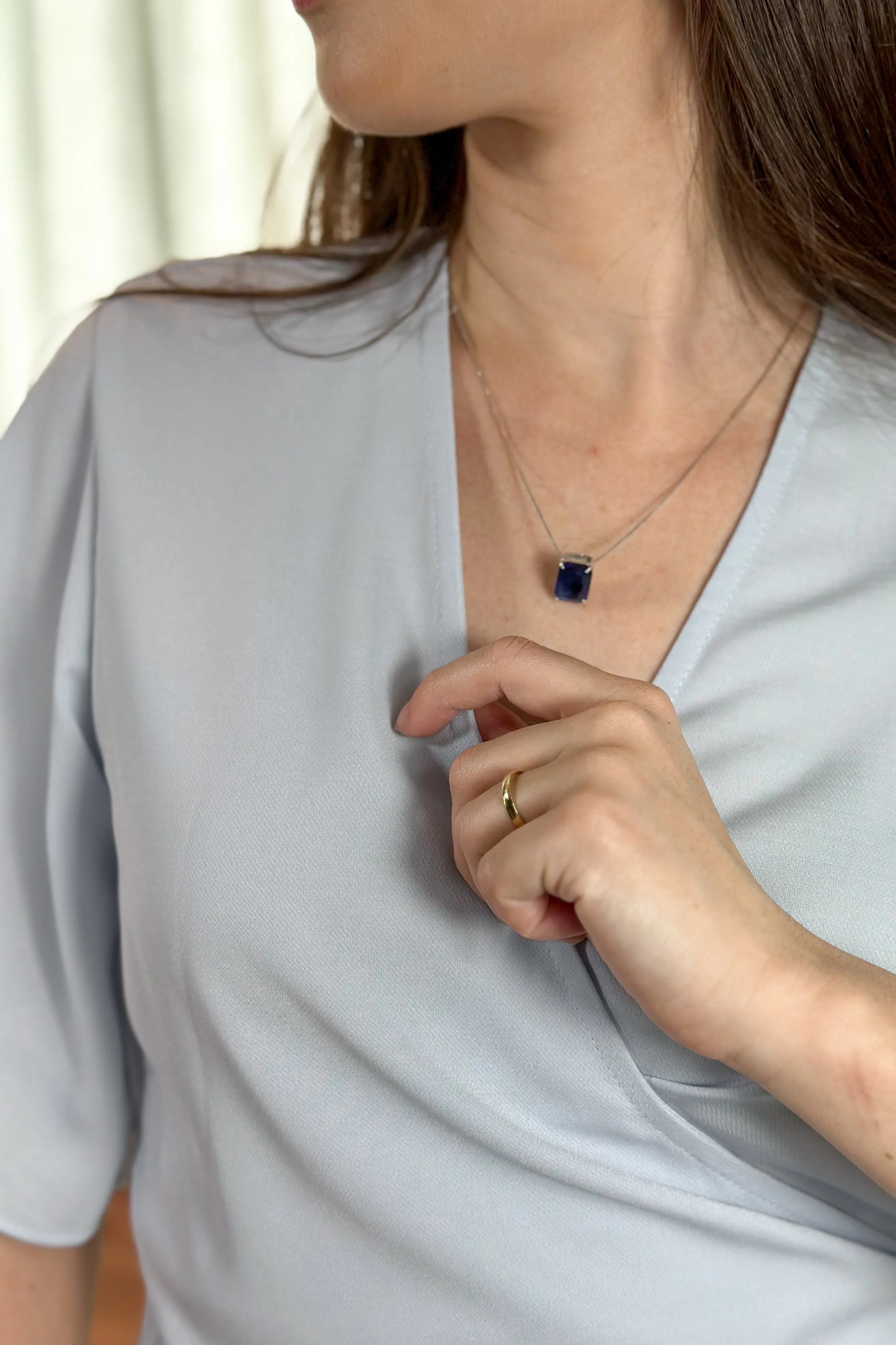 Blusa Manga Curta Decote "V" Transpassado Raquel Azul Claro