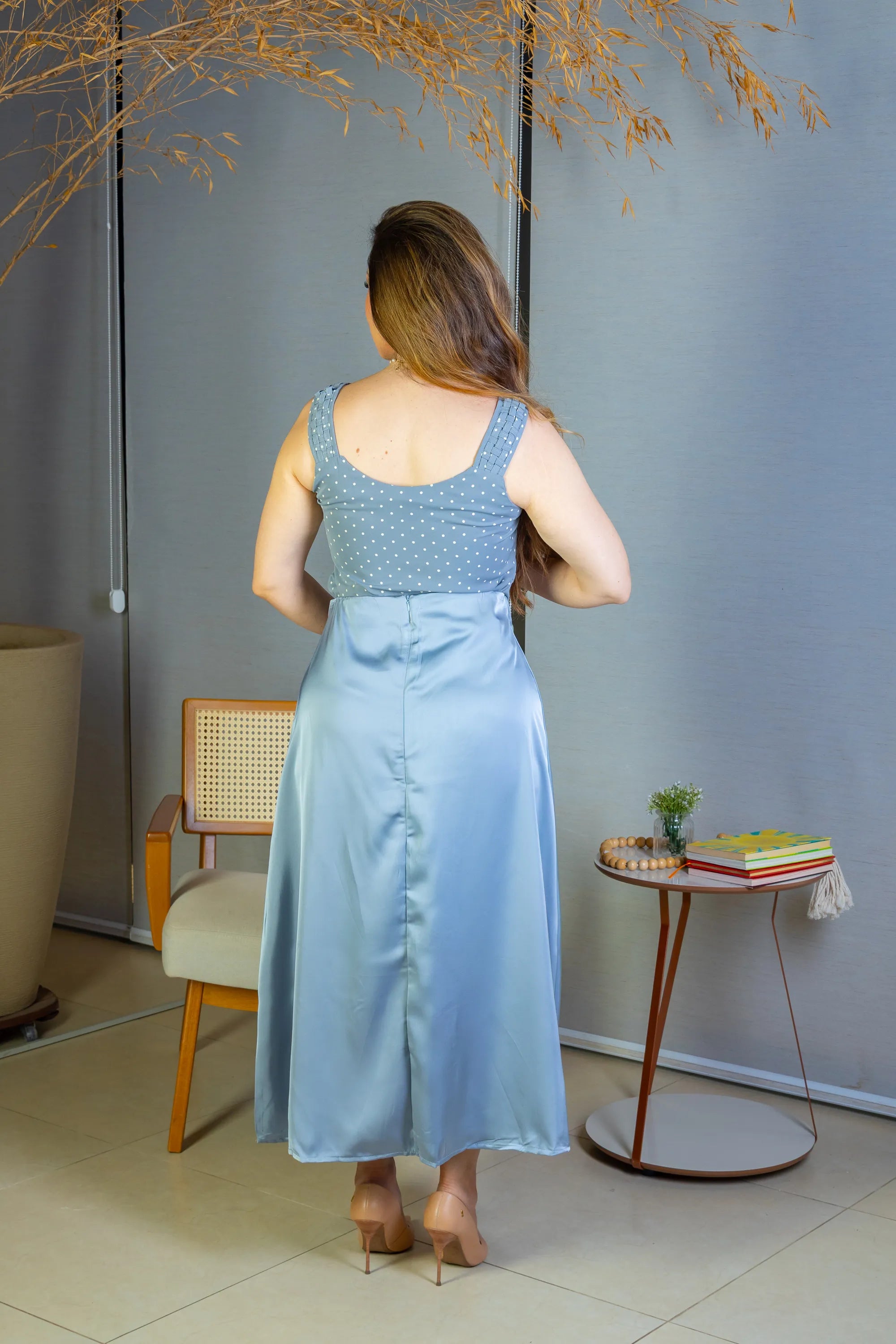 Blusa Regata Detalhe Alça Estampada Poá Crepe Classic Isabel Azul Acinzentado