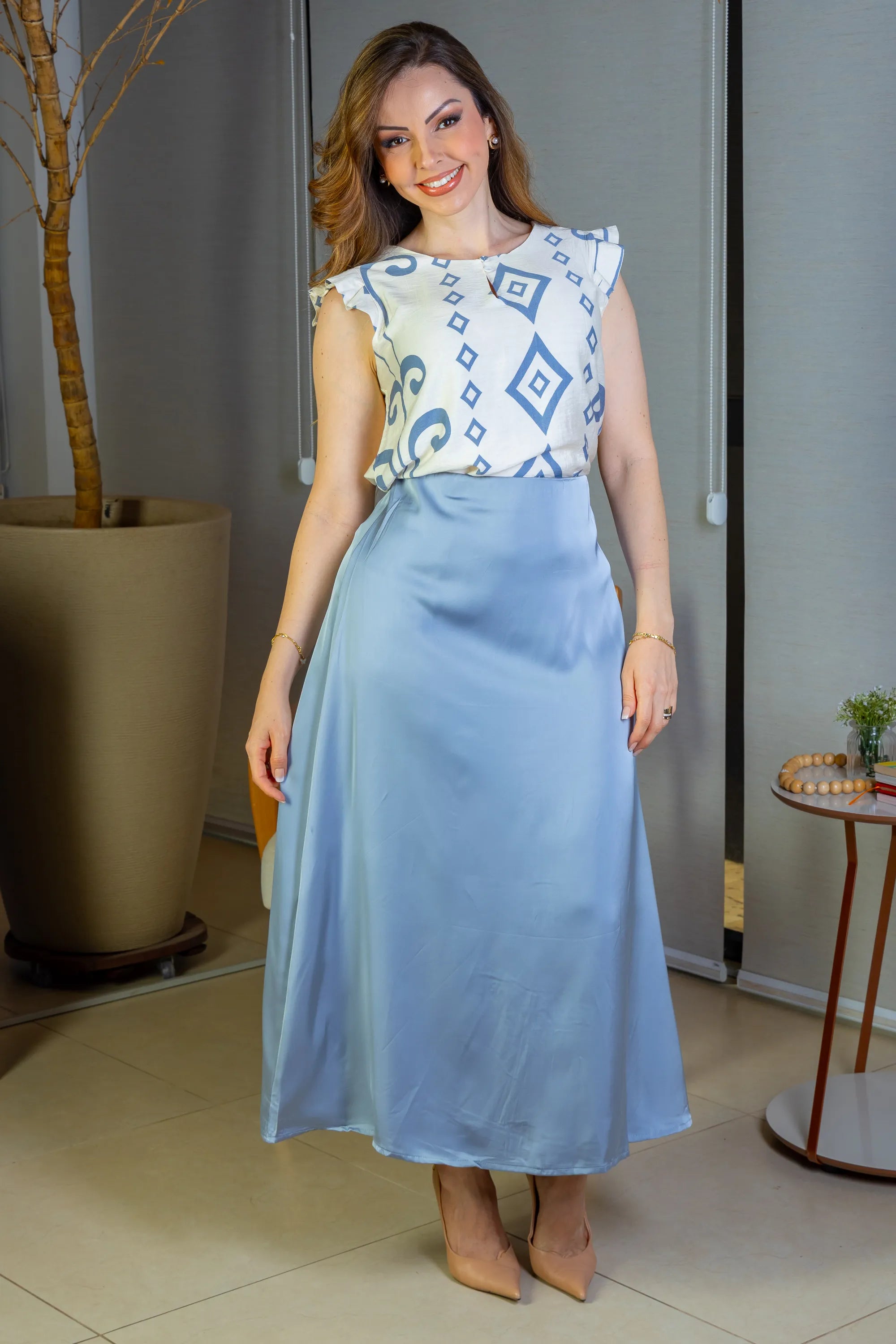 Saia Midi Lisa Sat Mix Magda Azul