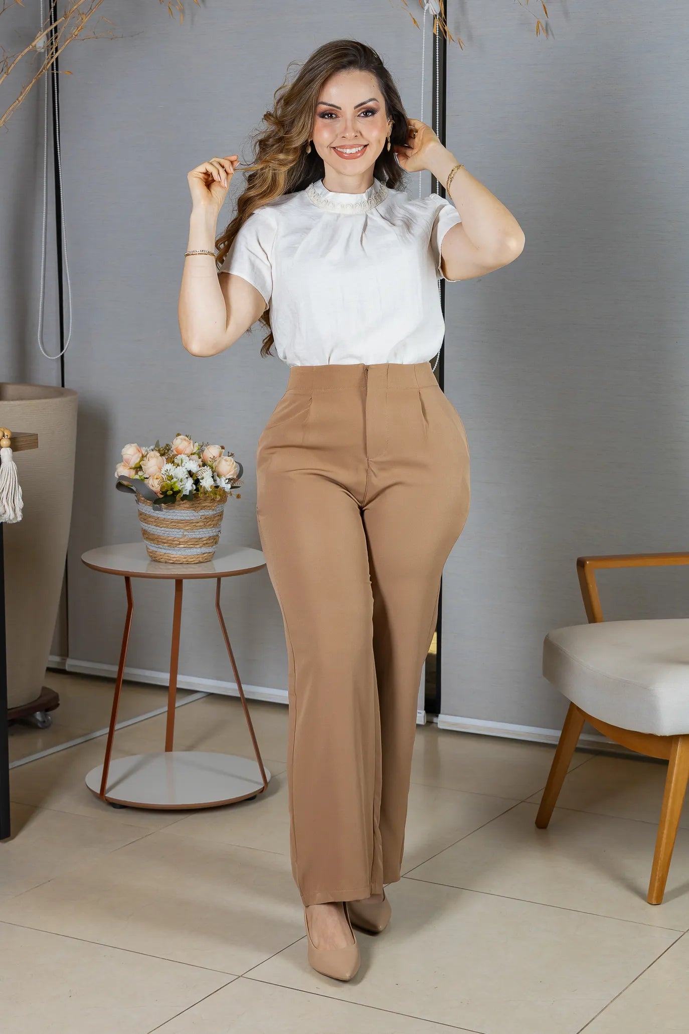 Blusa Manga Curta Visco Eco Blend com Gola Bordada Dandara Off White