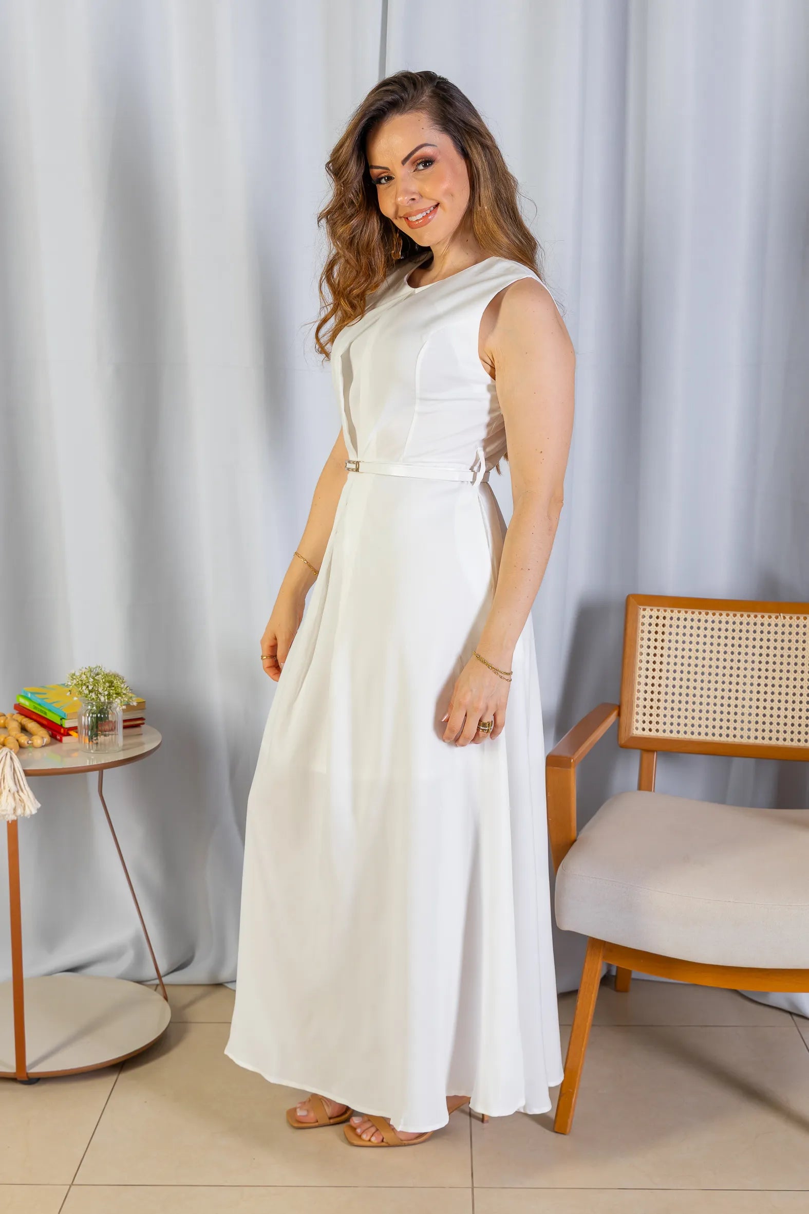 Vestido Longo Alfaiataria Detalhe Cinto Patrícia Poeta Branco