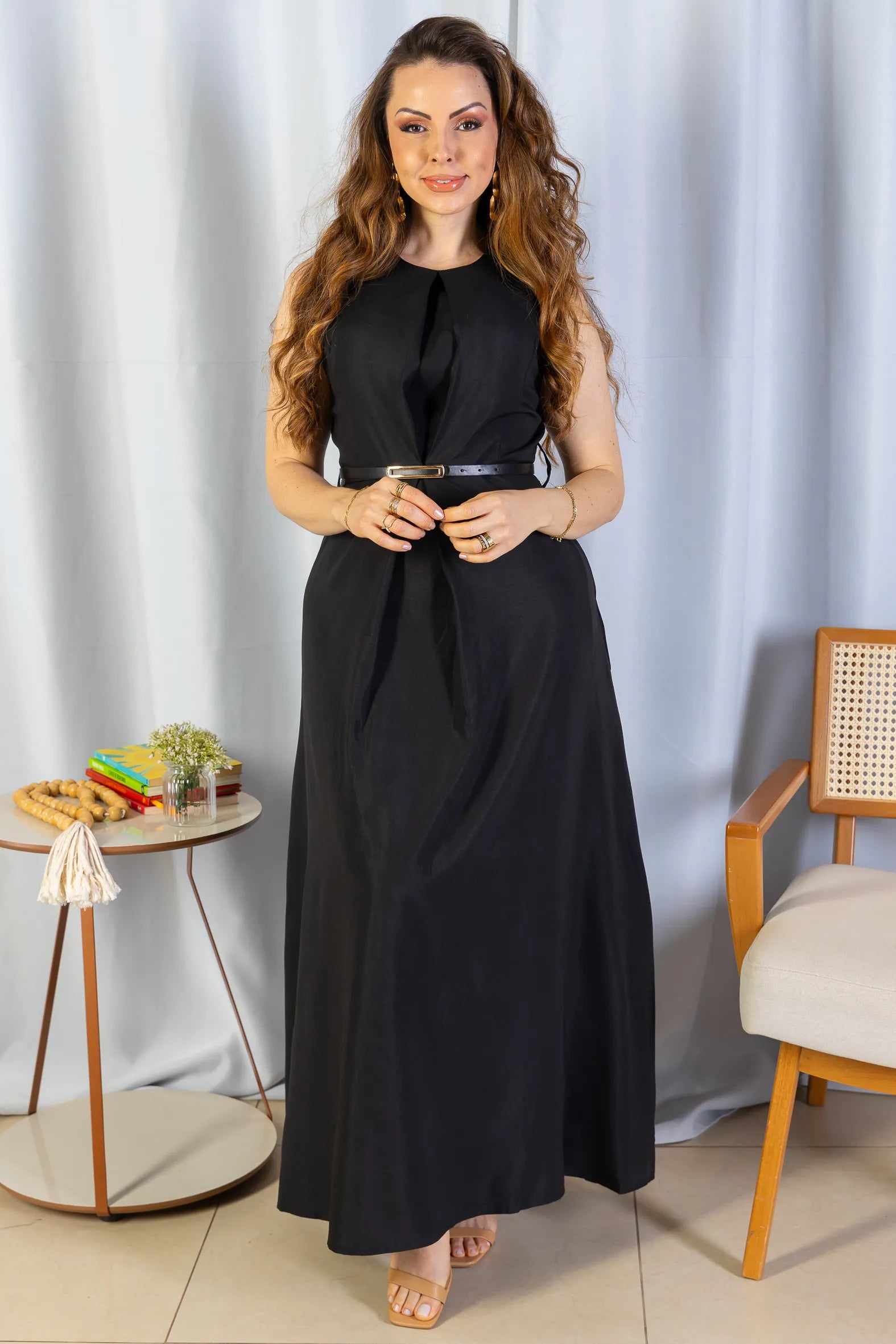 Vestido Longo Alfaiataria Detalhe Cinto Patrícia Poeta Preto