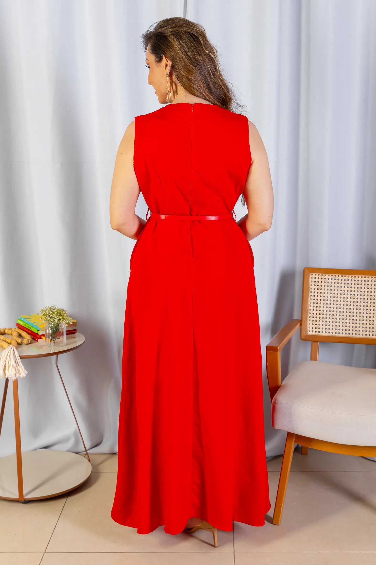 Vestido Longo Alfaiataria Detalhe Cinto Patrícia Poeta Vermelho