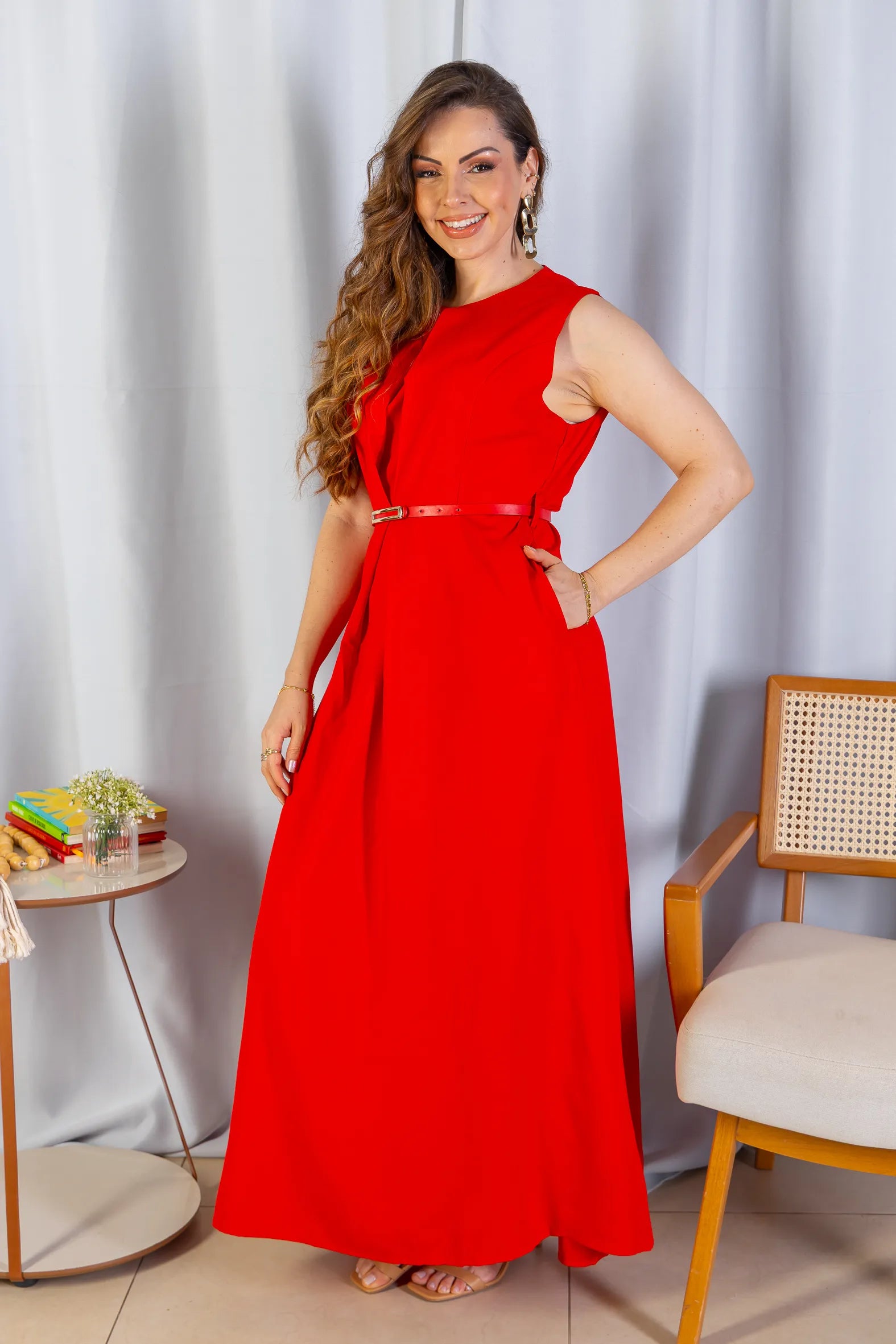 Vestido Longo Alfaiataria Detalhe Cinto Patrícia Poeta Vermelho