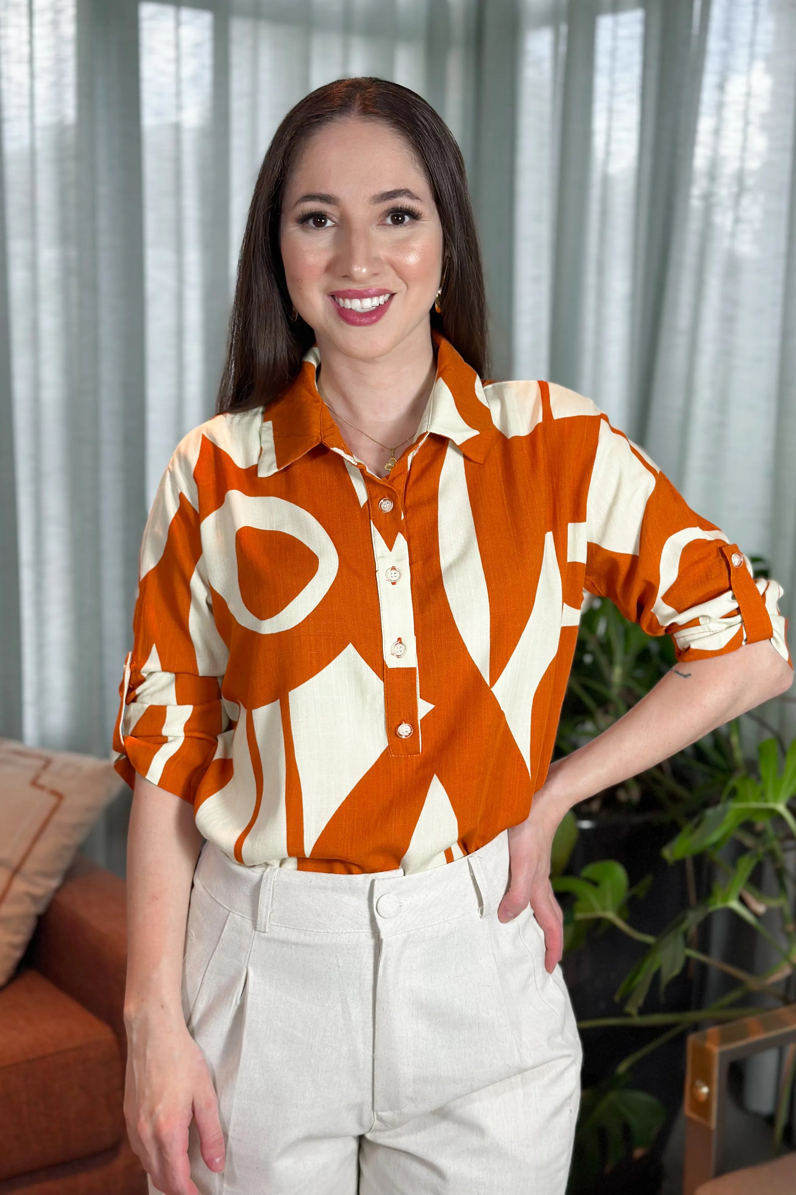 Blusa Manga 3/4 Viscose Detalhe Botões Jordana Estampada Laranja