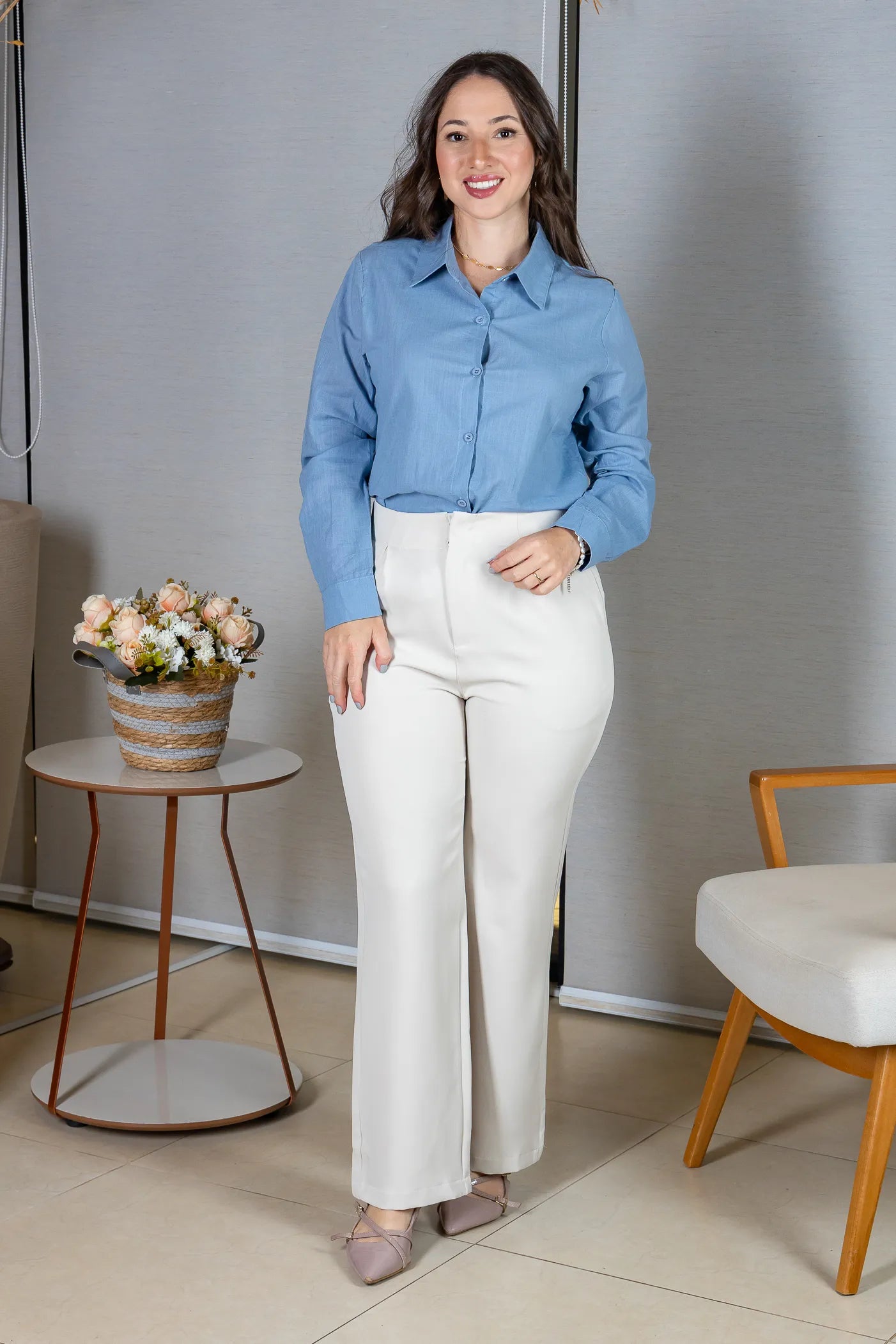 Camisa Manga Longa em Visco Rustic com Botões Jordana Azul