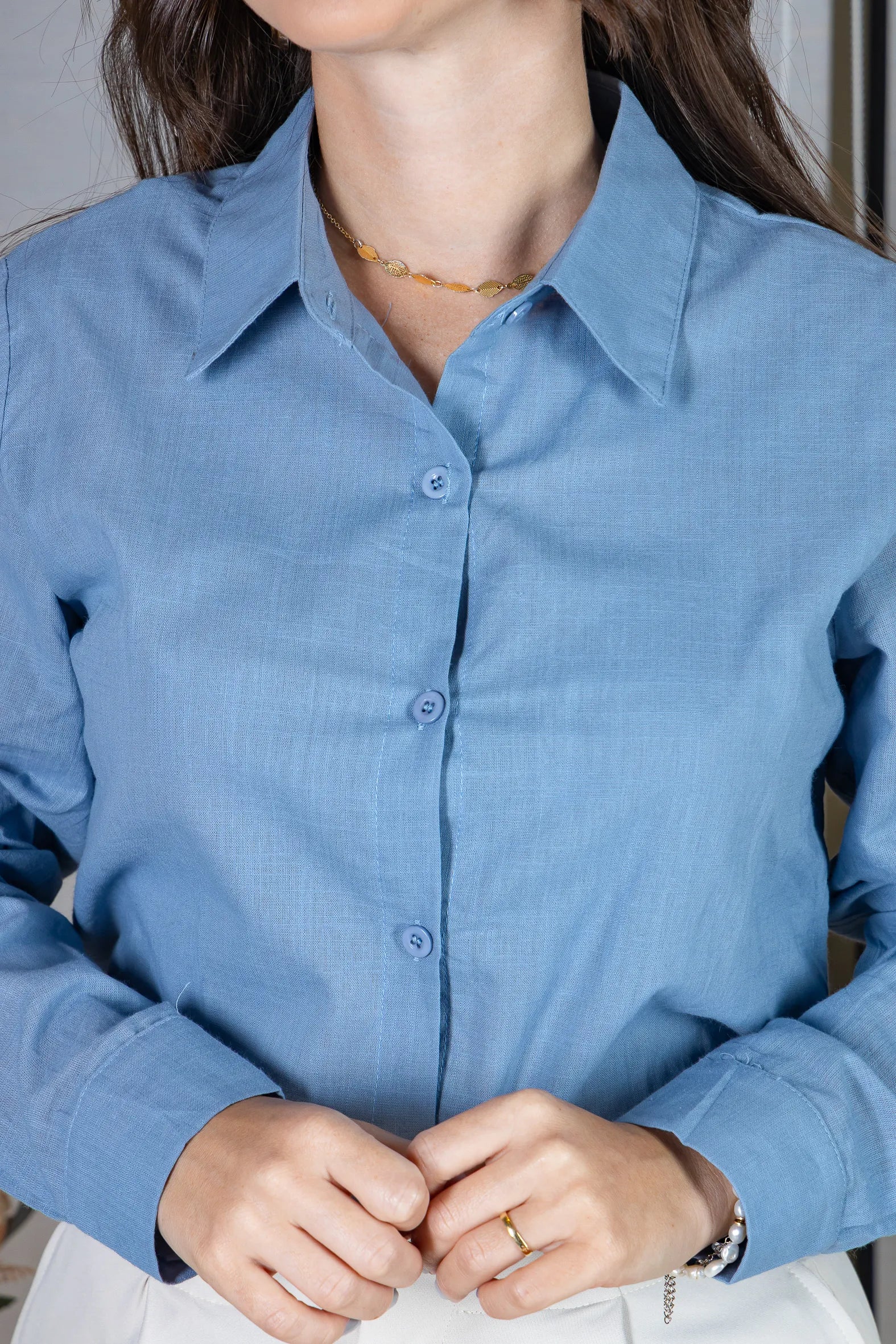 Camisa Manga Longa em Visco Rustic com Botões Jordana Azul