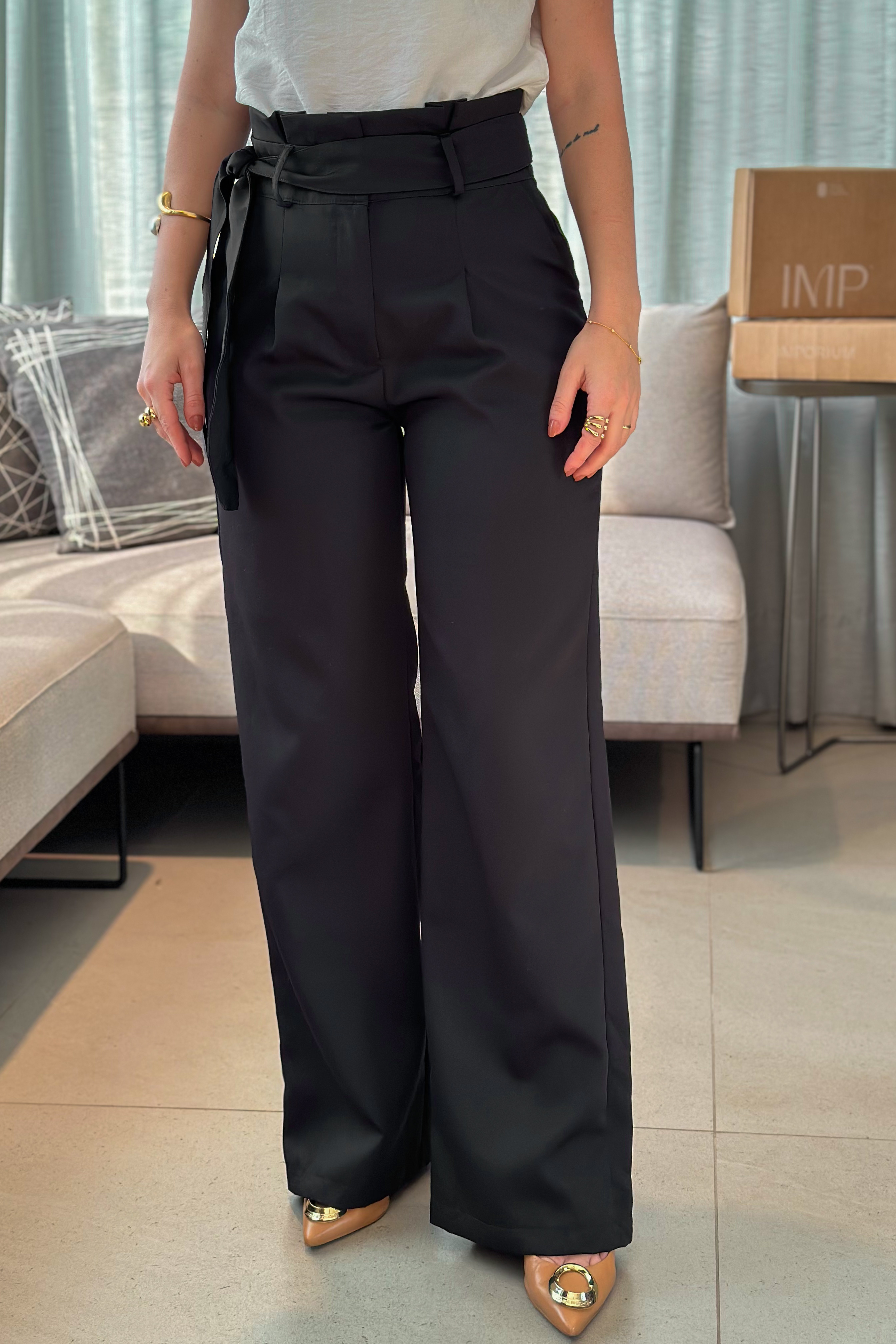 Calça Pantalona Clochard Detalhe Cós Melissa Preta - imporium