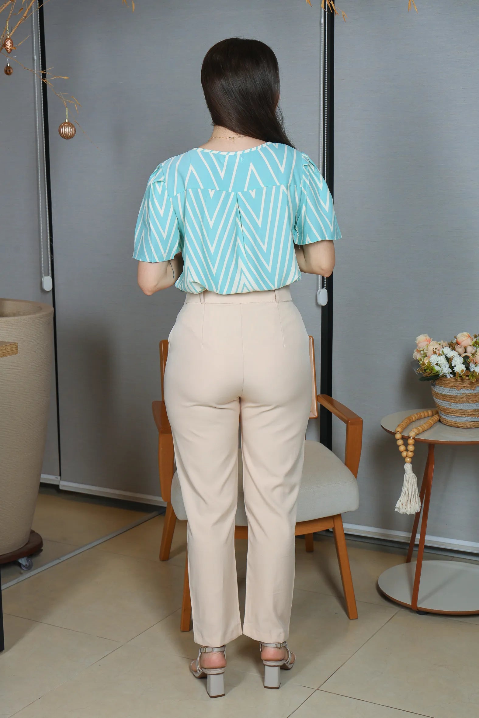 Blusa Manga Curta Crepe Classic Estampa Chevron Claudia Ciano