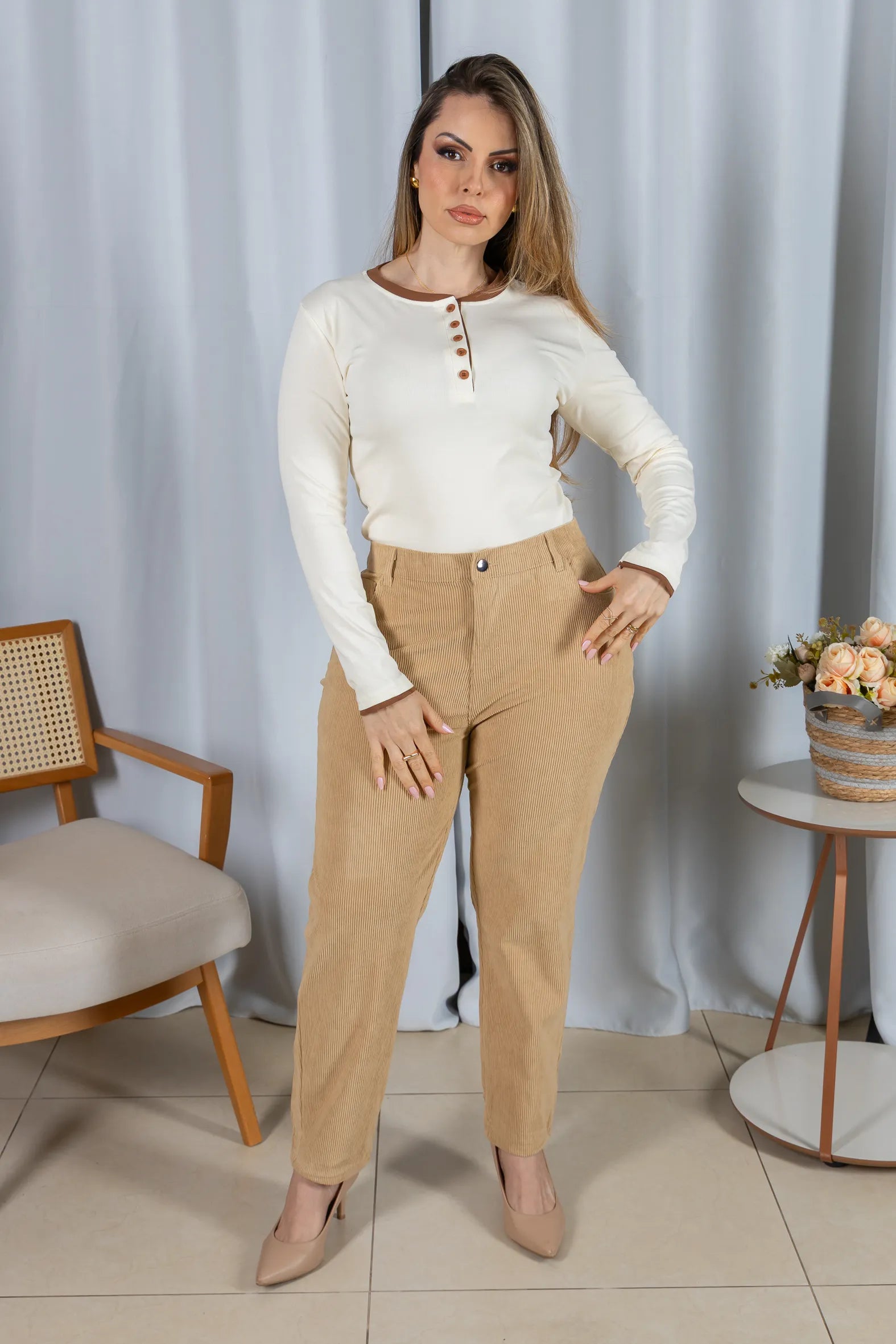 Blusa Cotton Lycra Confortável Helena Creme