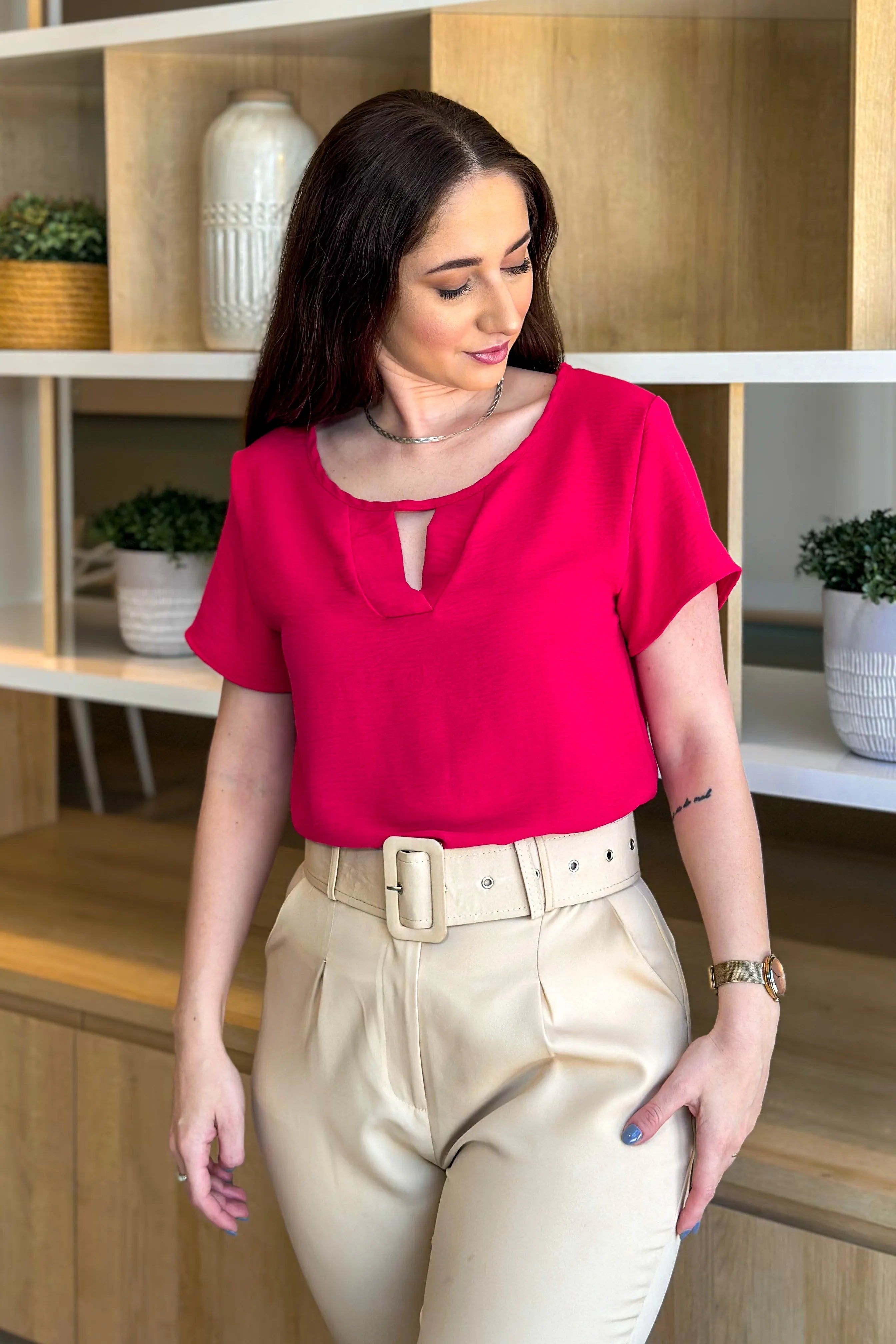 Blusa Manga Curta Detalhe Choker Jade Pink