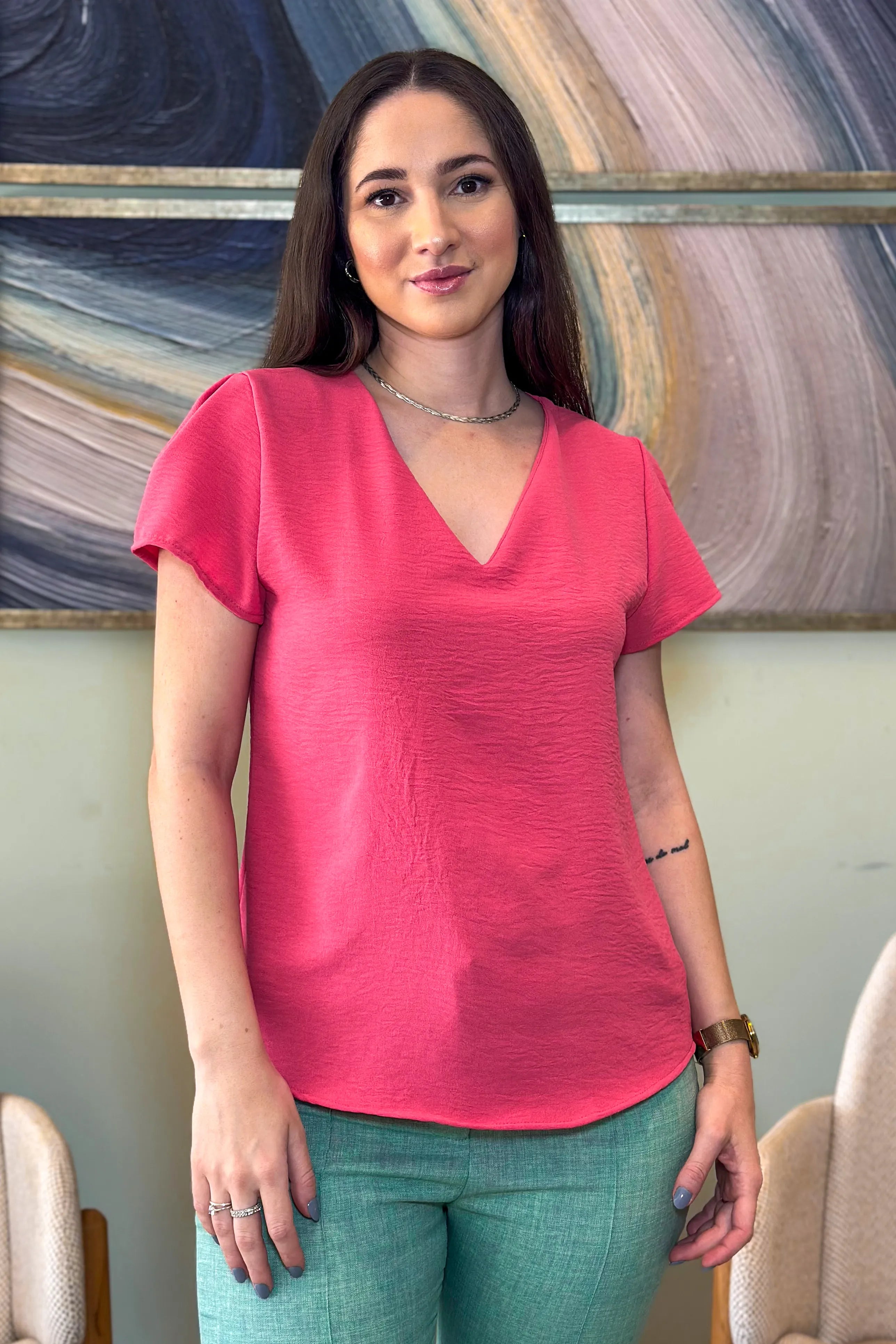 Blusa Manga Curta Decote "V" Rebeca Rosa