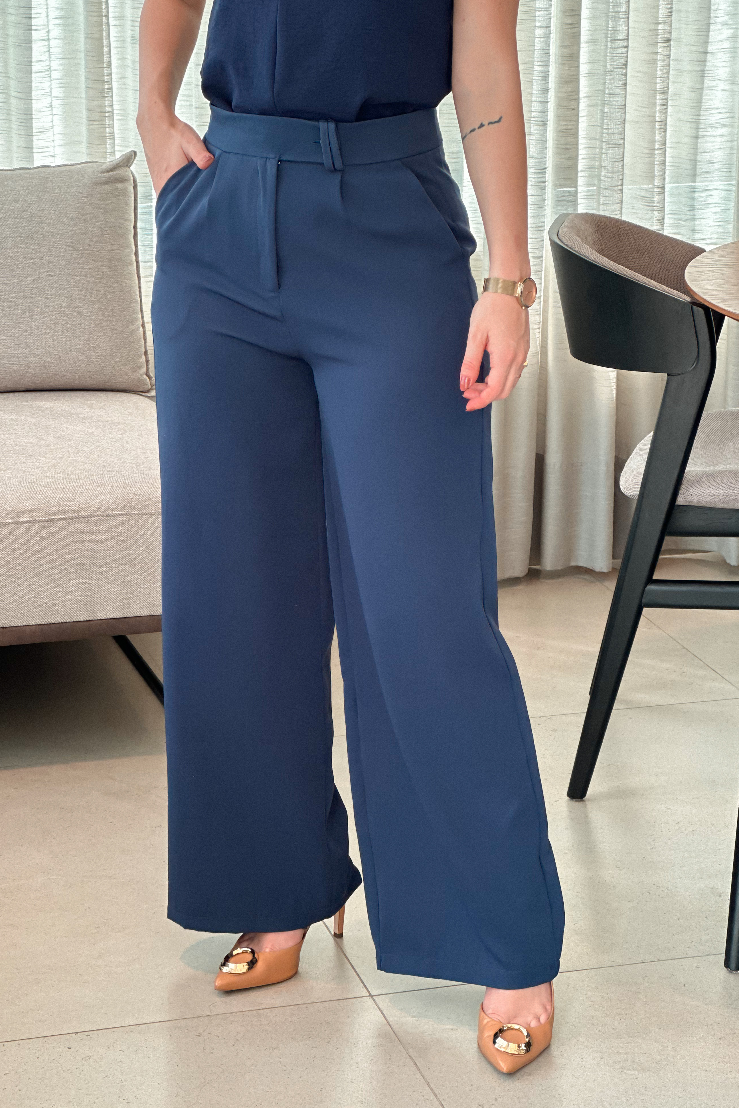 Calça Pantalona Alfaiataria Mariane Azul Marinho - imporium