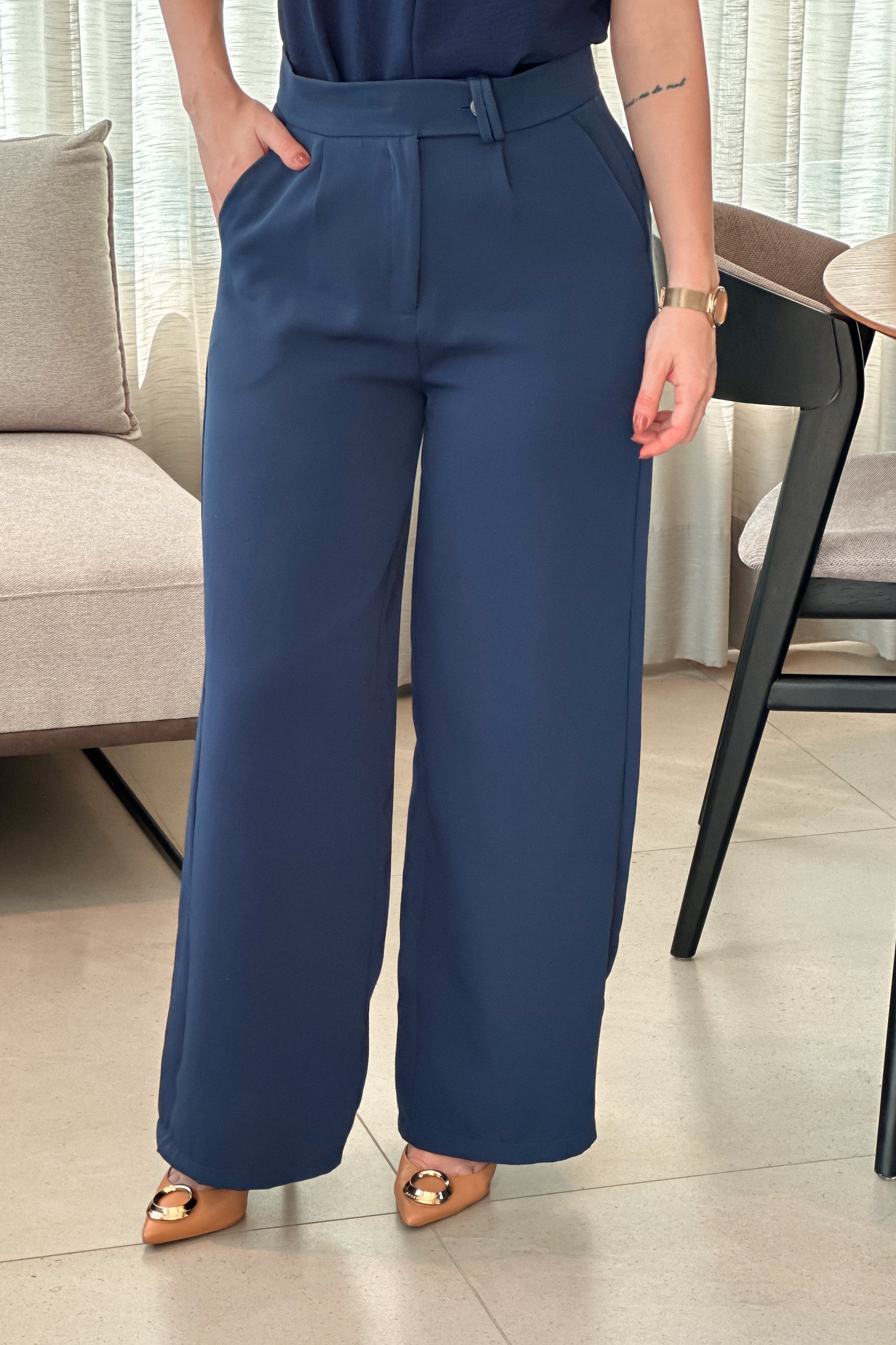 Calça Pantalona Alfaiataria Mariane Azul Marinho - imporium