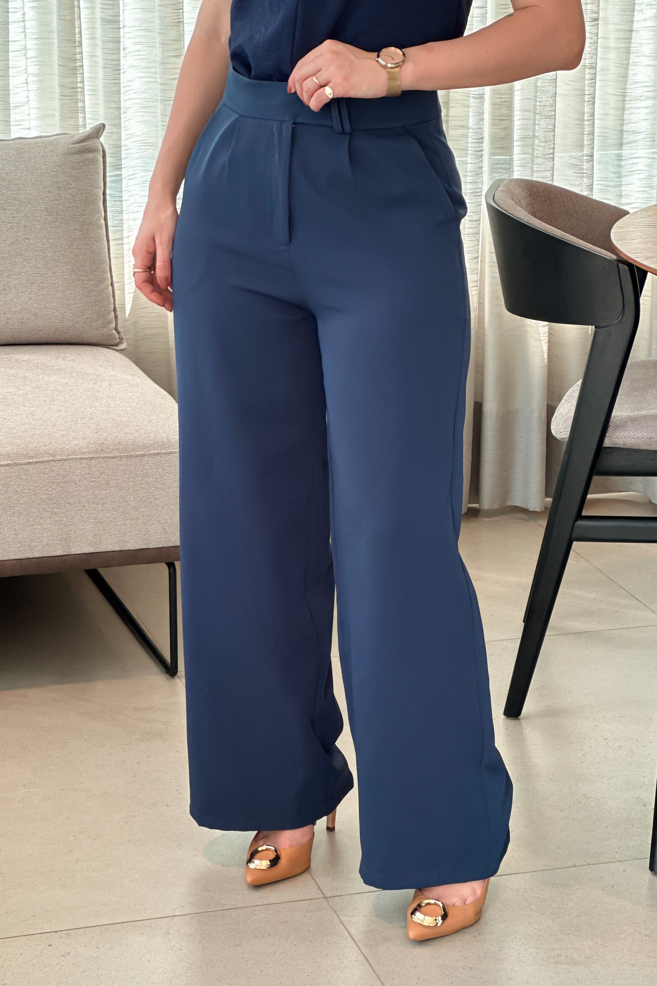 Calça Pantalona Alfaiataria Mariane Azul Marinho - imporium